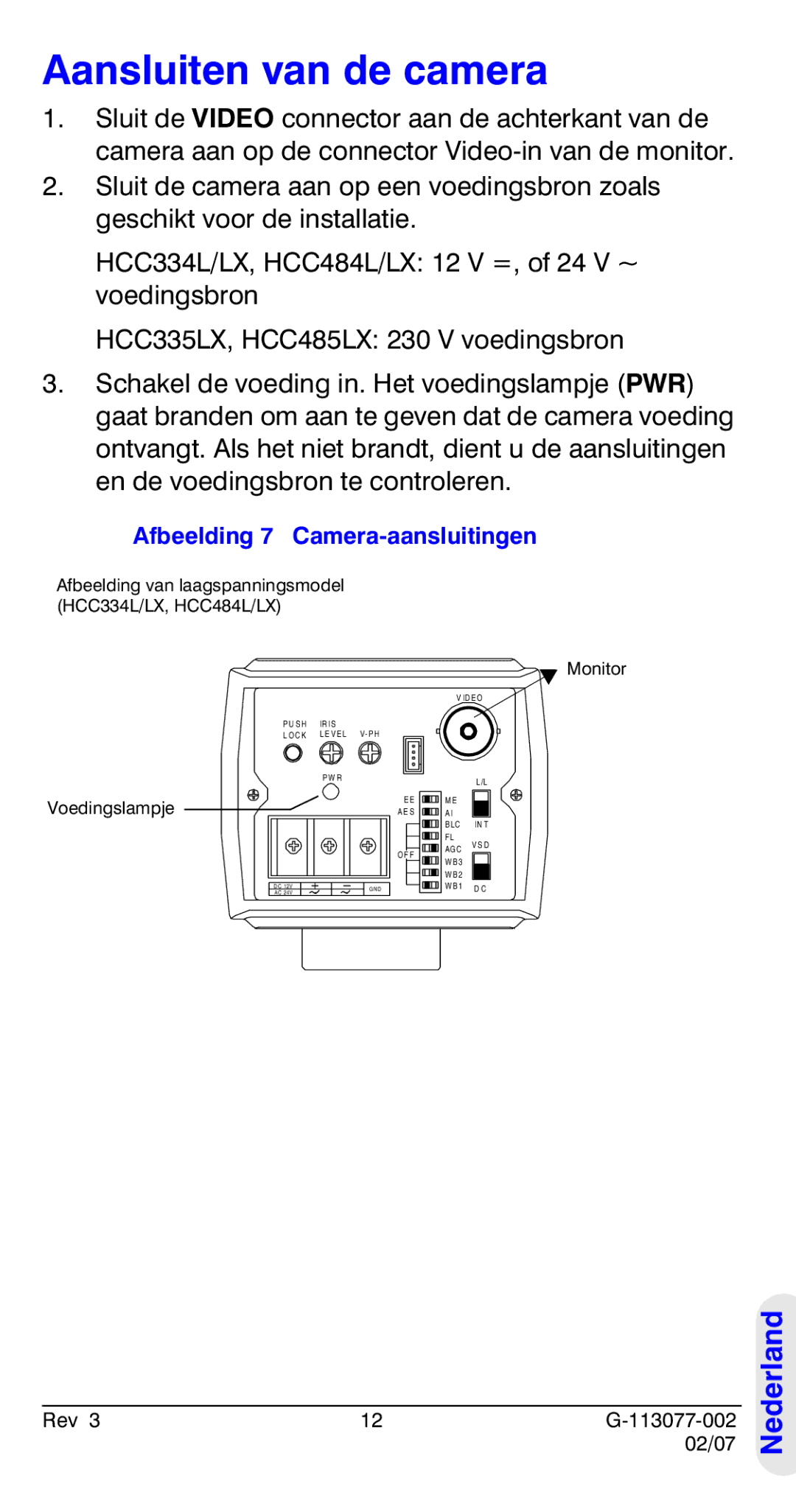 Honeywell HCC334L manual Aansluiten van de camera, Afbeelding 7 Camera-aansluitingen 