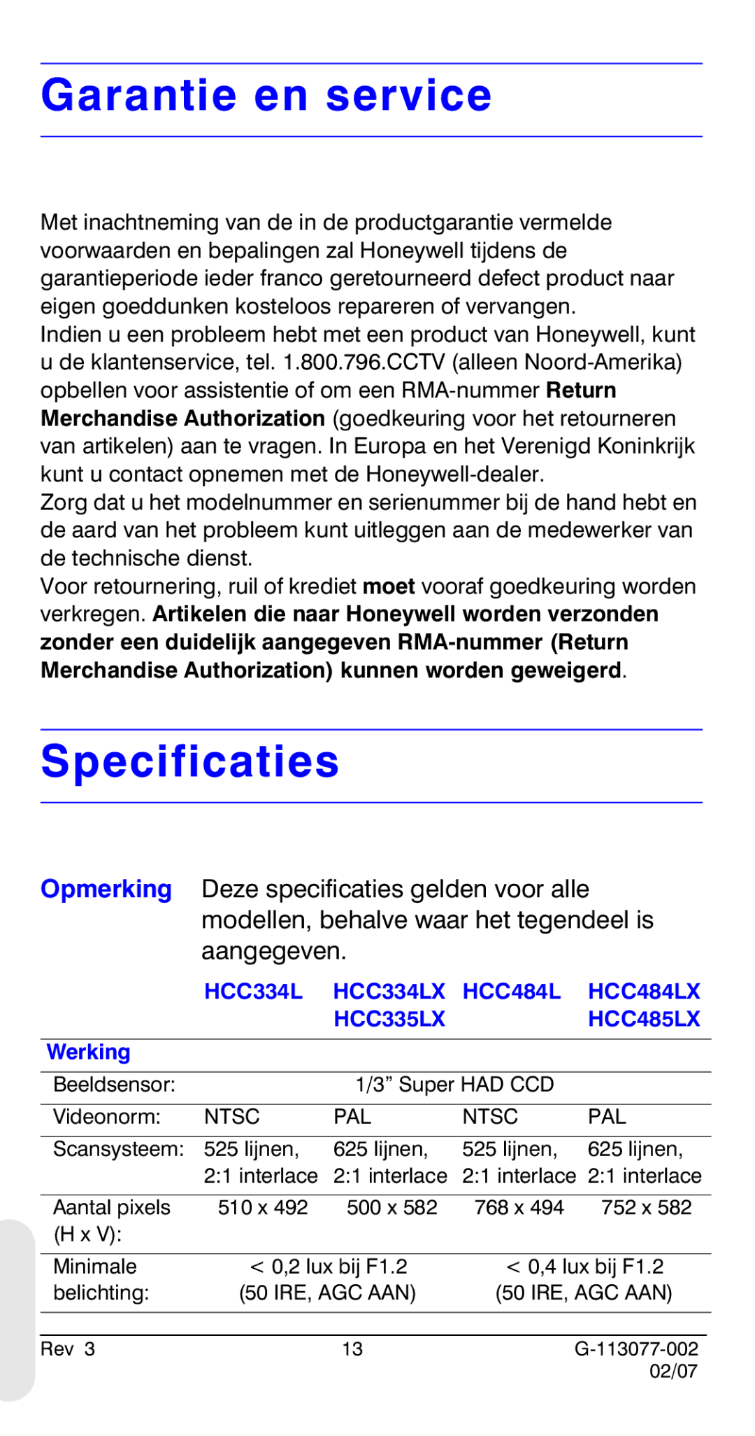 Honeywell HCC334L manual Garantie en service, Specificaties, Werking 