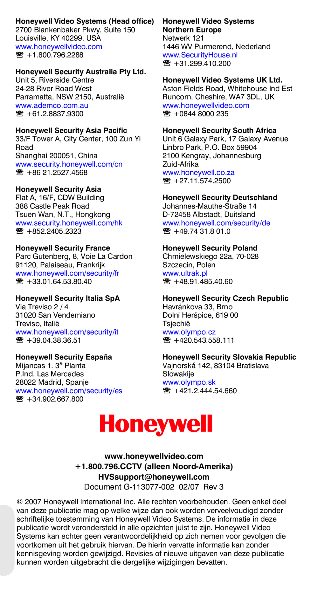 Honeywell HCC334L manual Honeywell Security France 