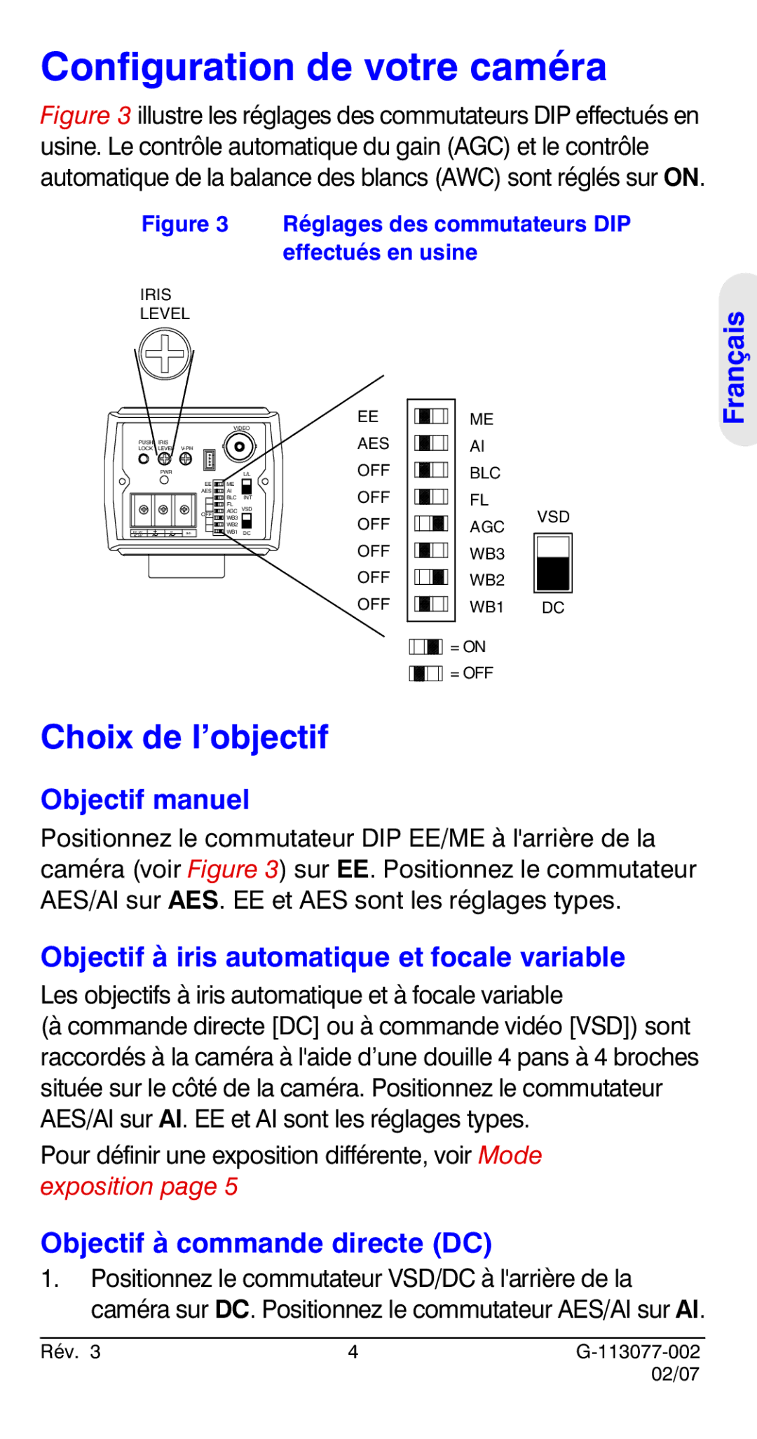 Honeywell HCC334L Configuration de votre caméra, Choix de l’objectif, Objectif manuel, Objectif à commande directe DC 