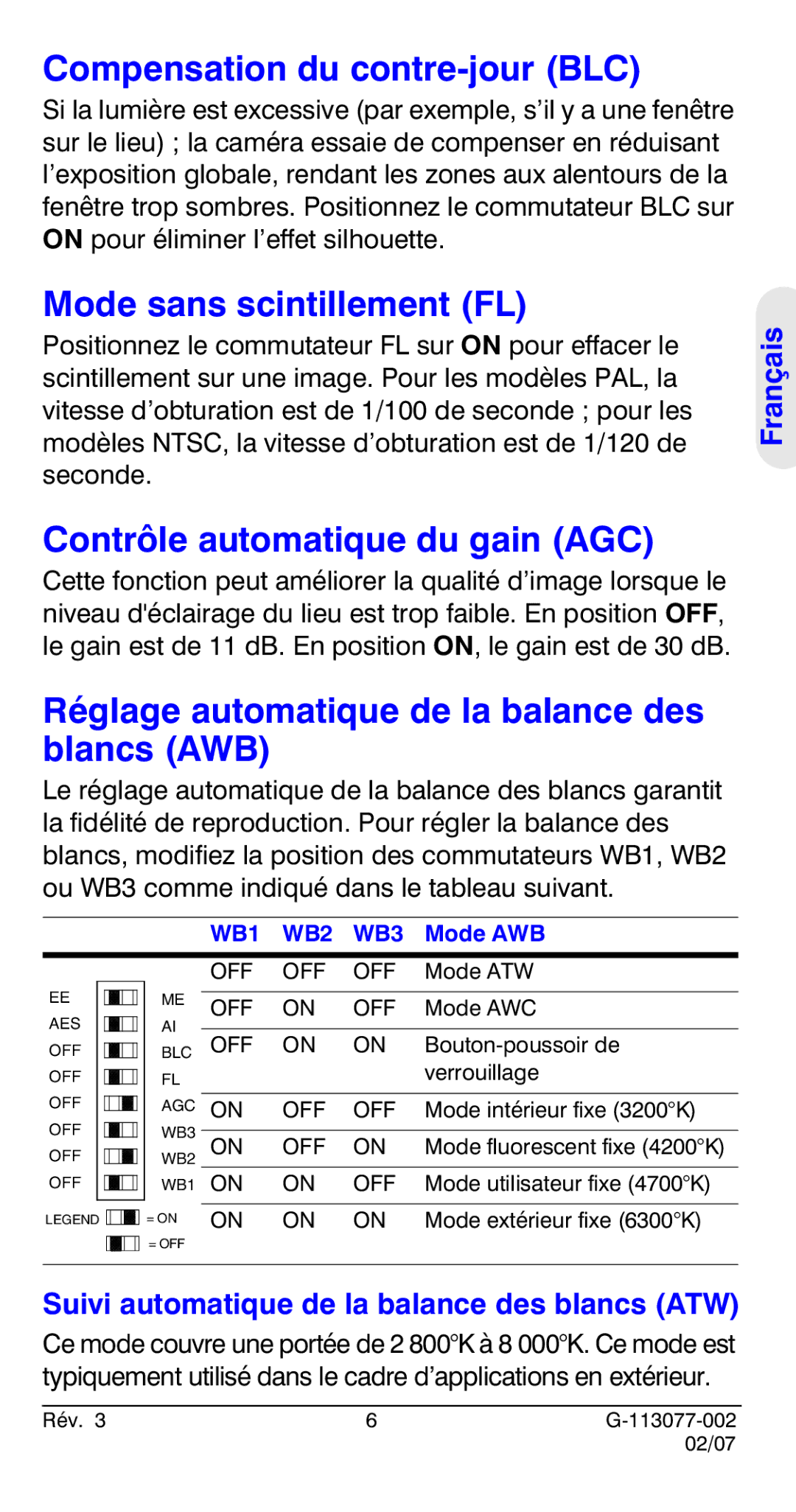 Honeywell HCC334L manual Compensation du contre-jour BLC, Mode sans scintillement FL, Contrôle automatique du gain AGC 