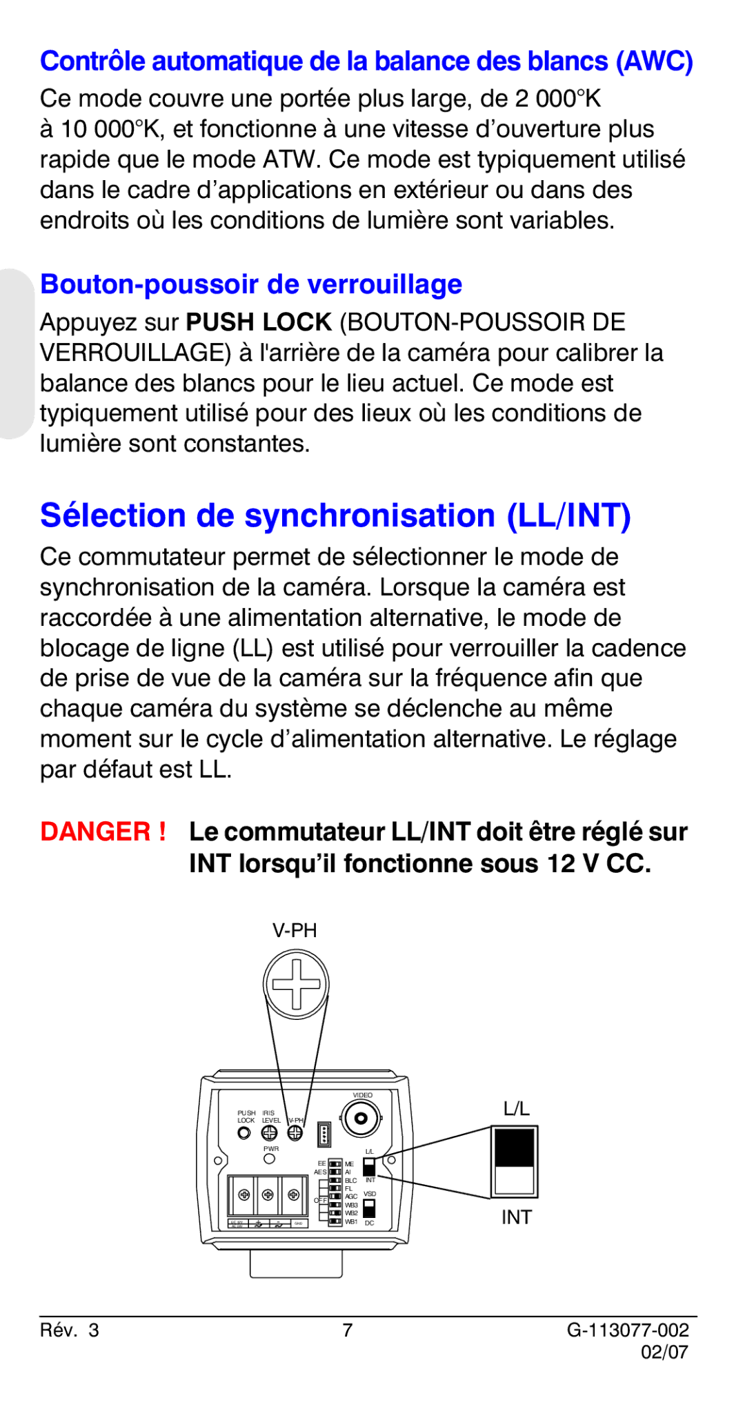 Honeywell HCC334L manual Sélection de synchronisation LL/INT, Bouton-poussoir de verrouillage 