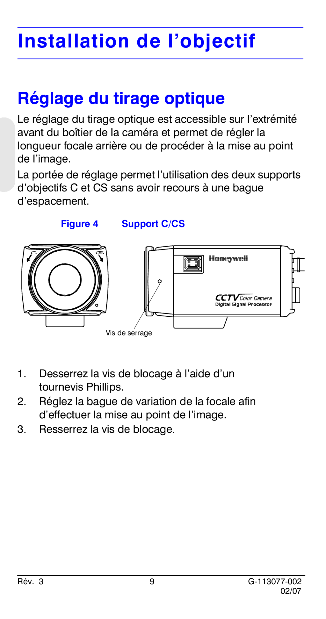 Honeywell HCC334L manual Installation de l’objectif, Réglage du tirage optique 