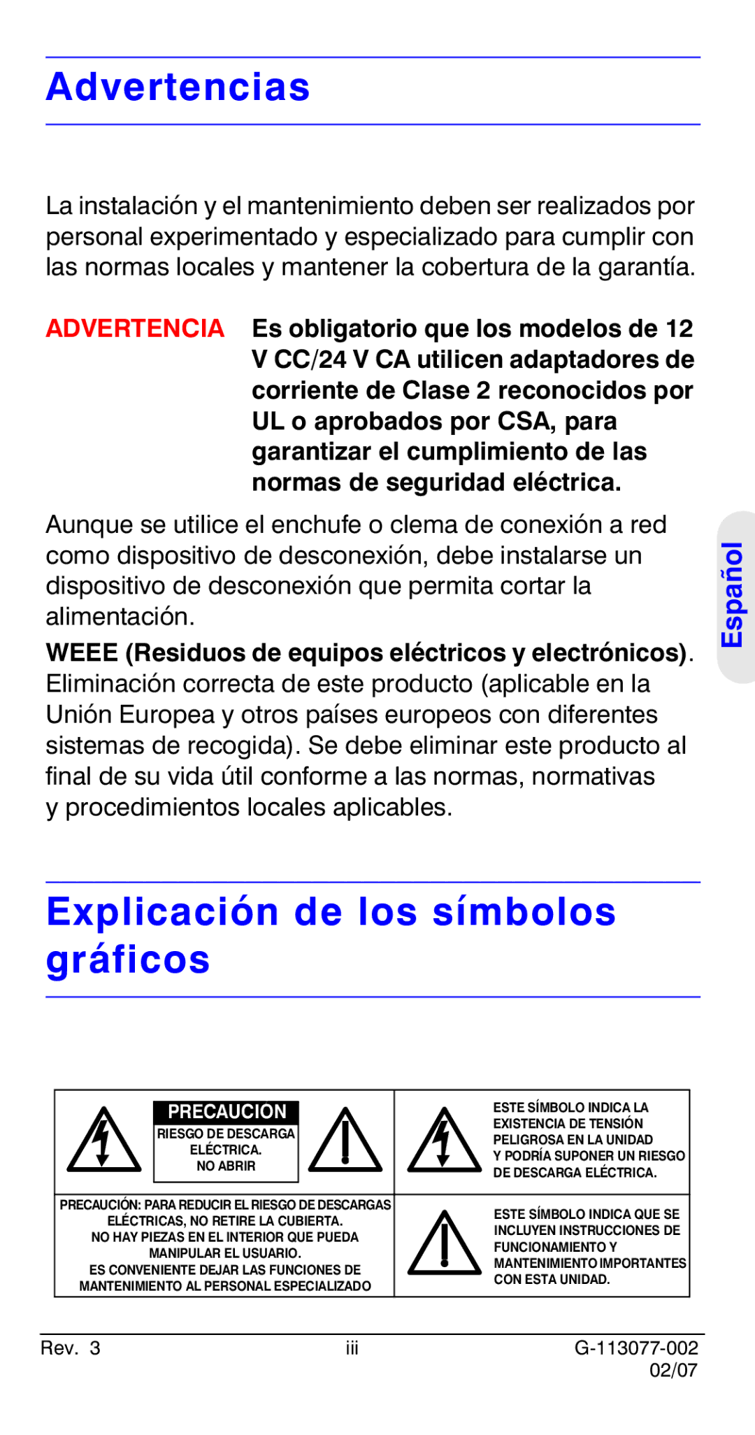 Honeywell HCC334L manual Advertencias, Explicación de los símbolos gráficos 