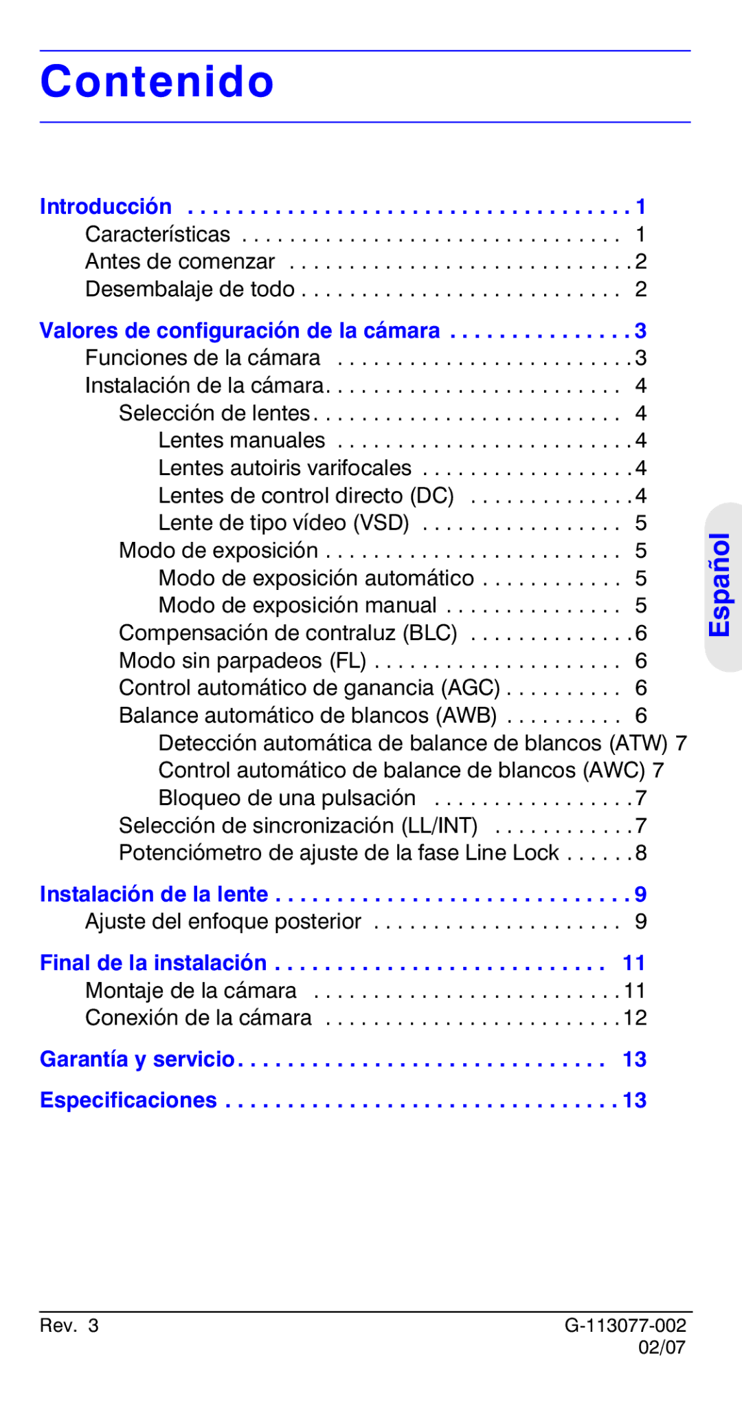 Honeywell HCC334L manual Contenido, Introducción, Valores de configuración de la cámara, Instalación de la lente 