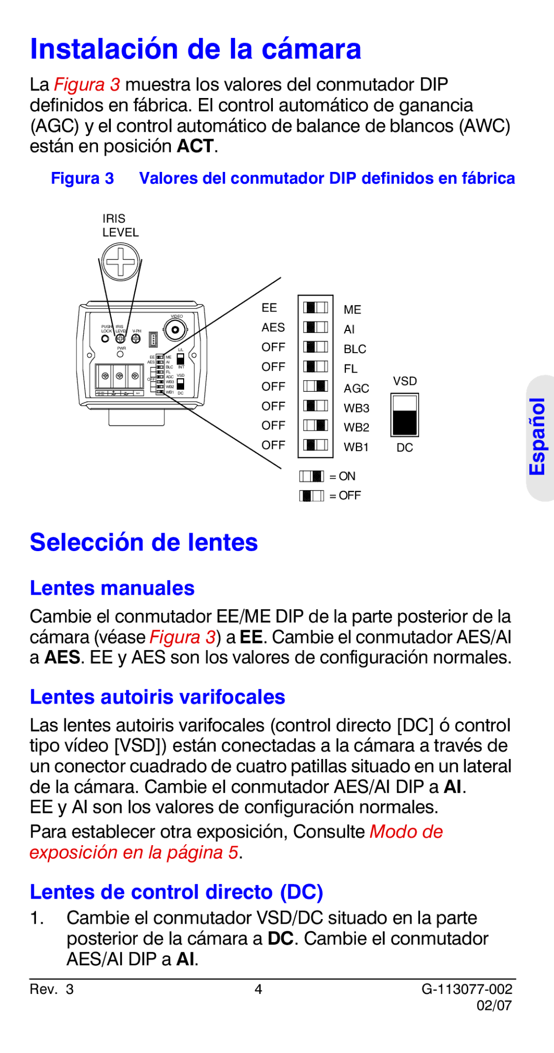 Honeywell HCC334L Instalación de la cámara, Selección de lentes, Lentes manuales, Lentes autoiris varifocales 