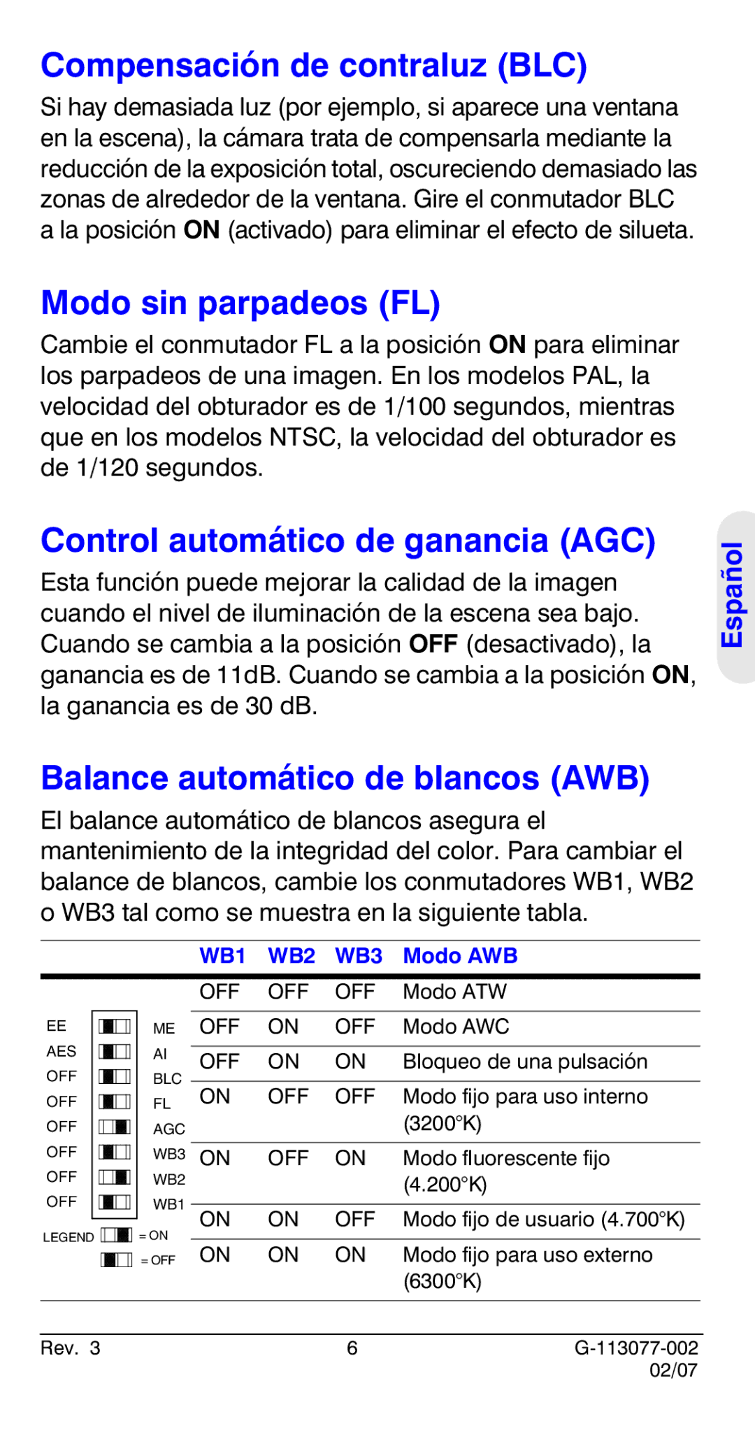 Honeywell HCC334L manual Compensación de contraluz BLC, Modo sin parpadeos FL, Control automático de ganancia AGC 