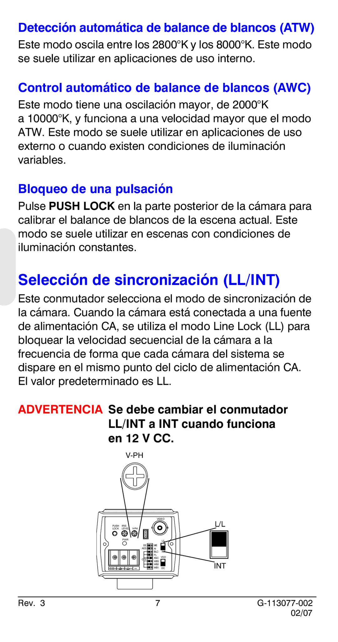 Honeywell HCC334L manual Selección de sincronización LL/INT, Detección automática de balance de blancos ATW 