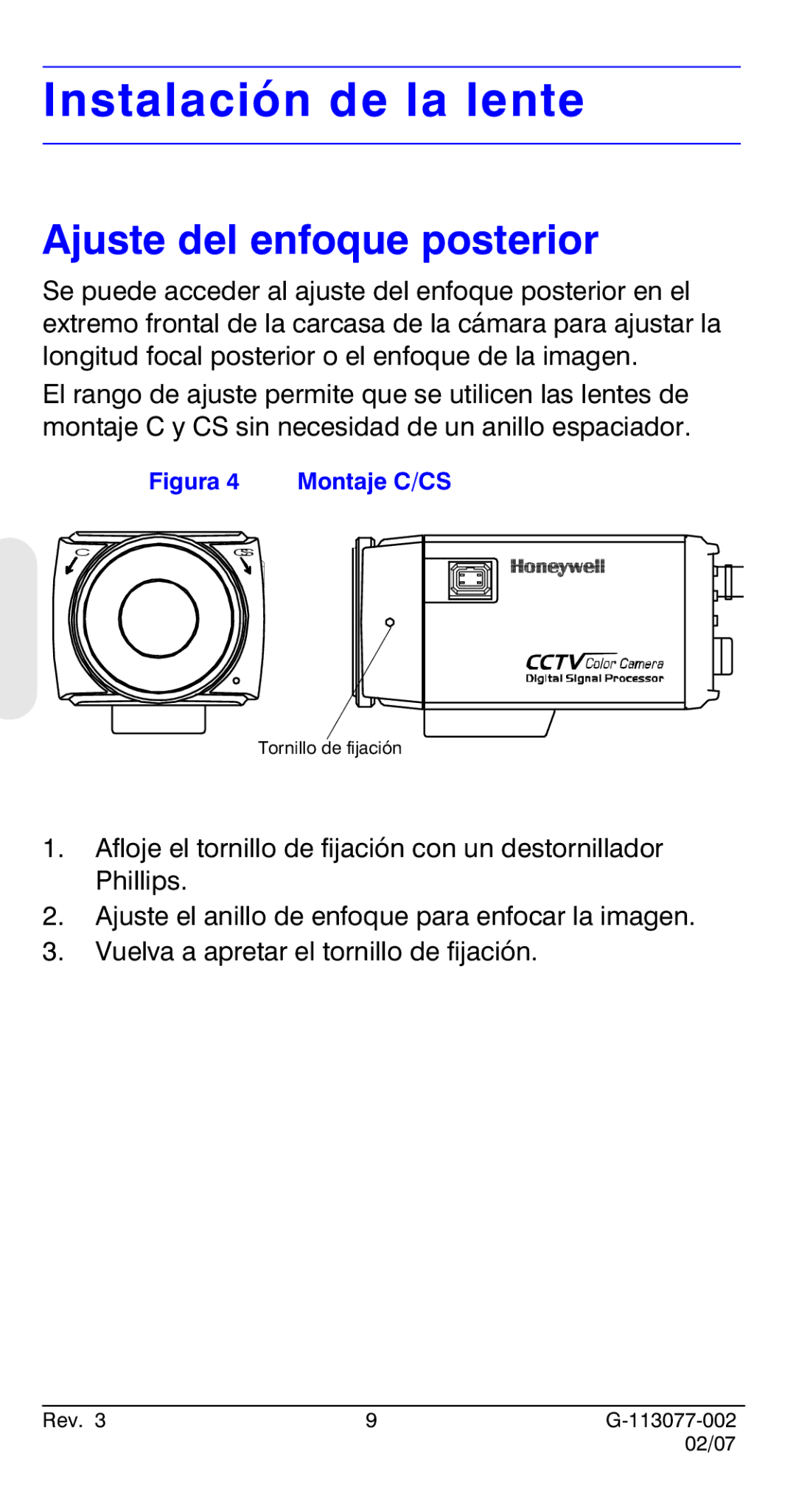 Honeywell HCC334L manual Instalación de la lente, Ajuste del enfoque posterior 