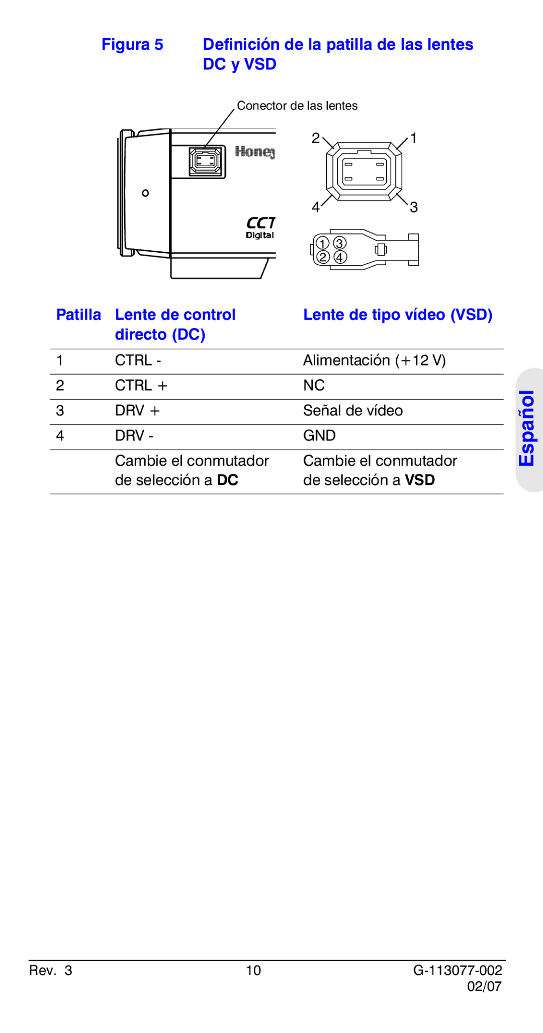 Honeywell HCC334L manual Español, Patilla Lente de control Lente de tipo vídeo VSD Directo DC 