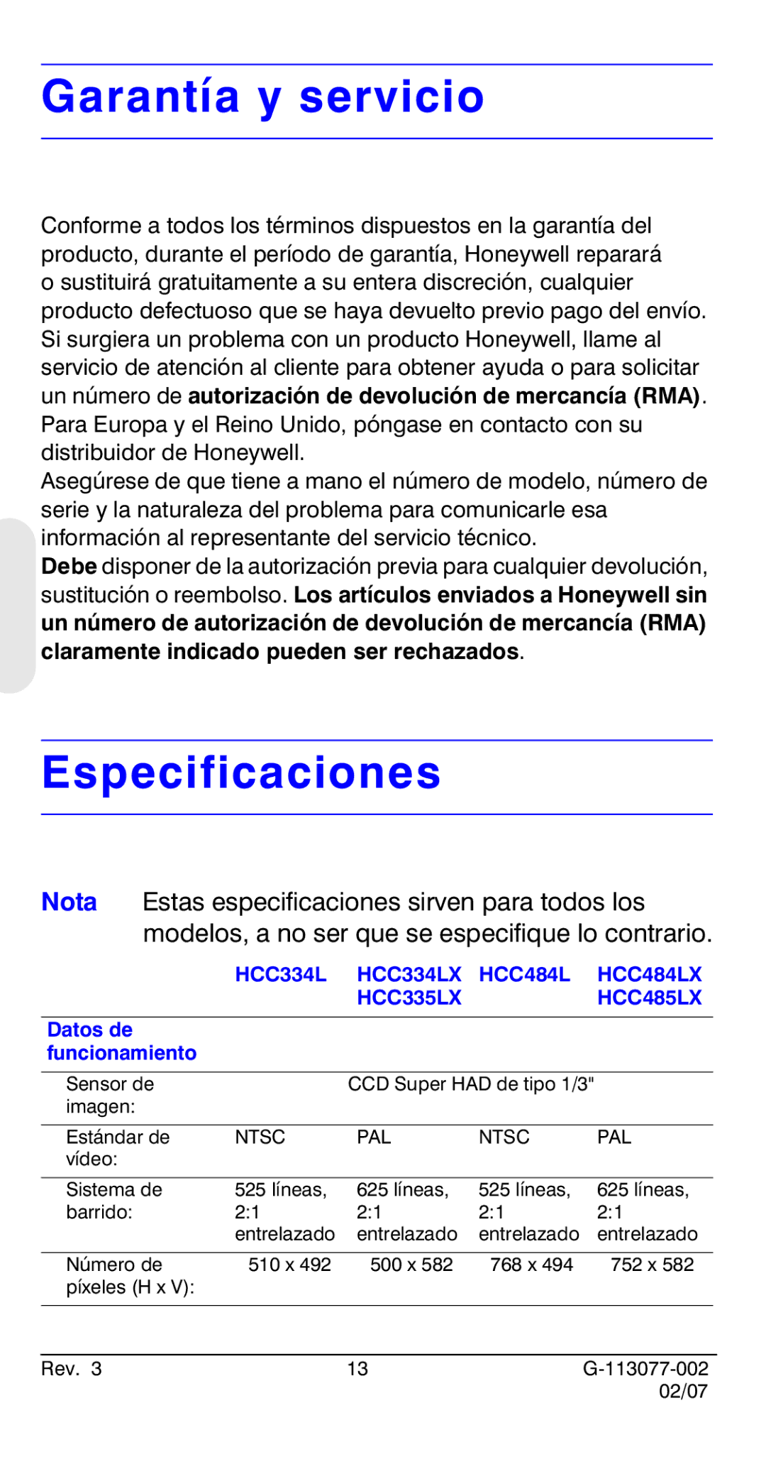 Honeywell HCC334L manual Garantía y servicio, Especificaciones, Datos de Funcionamiento 