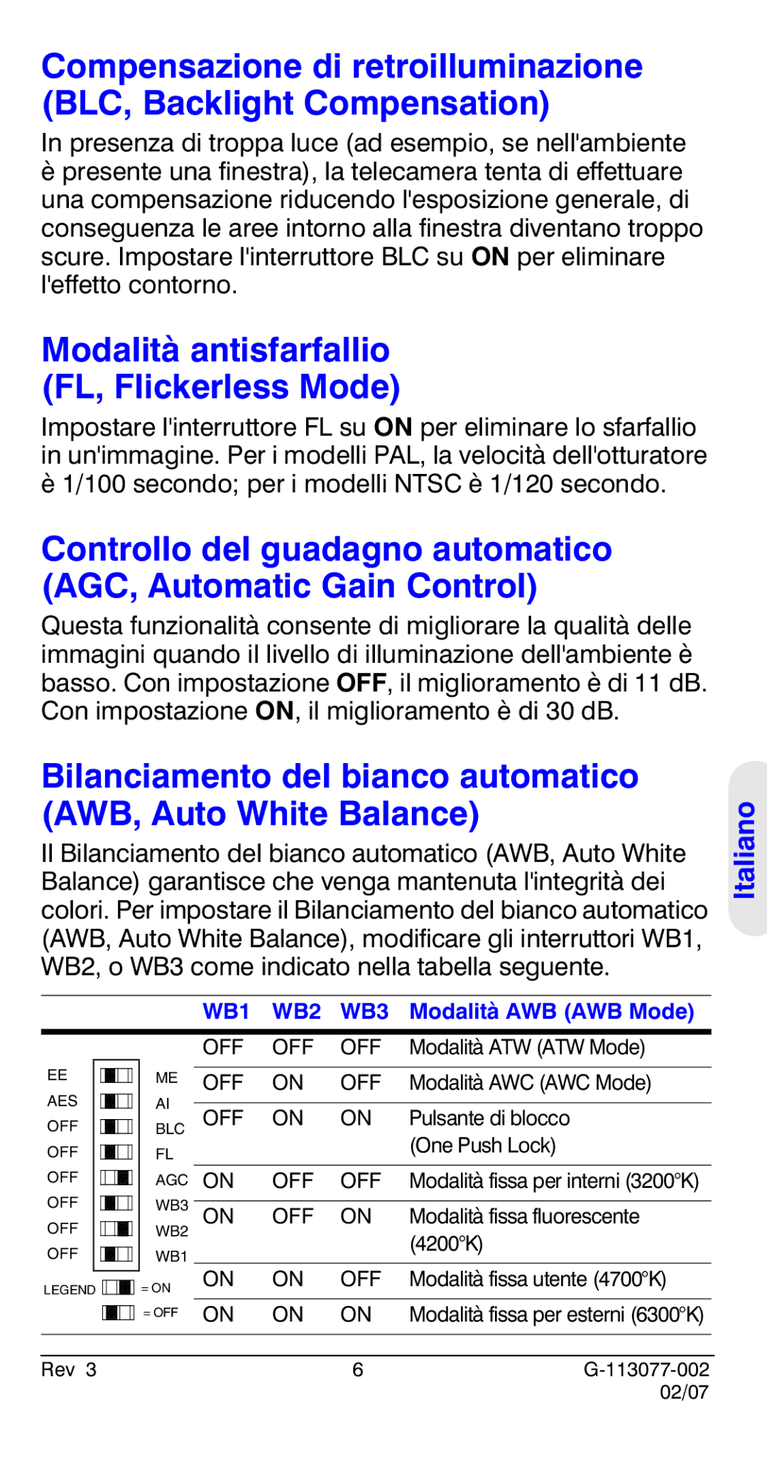 Honeywell HCC334L manual Modalità antisfarfallio FL, Flickerless Mode, WB1 WB2 WB3 Modalità AWB AWB Mode 