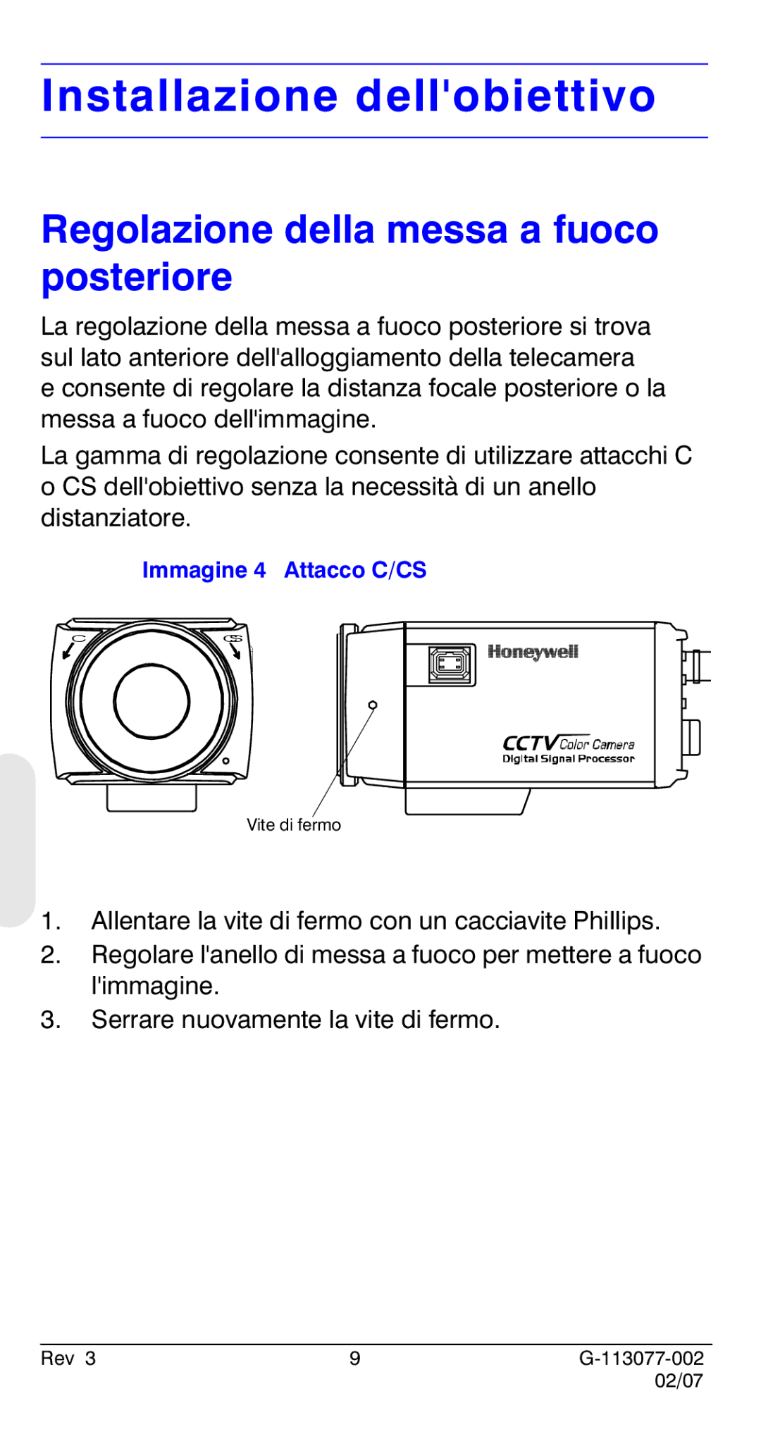 Honeywell HCC334L manual Installazione dellobiettivo, Regolazione della messa a fuoco posteriore, Immagine 4 Attacco C/CS 