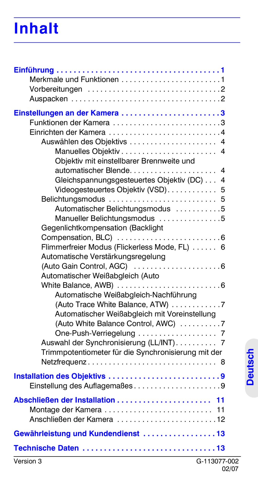 Honeywell HCC334L manual Inhalt, Einführung, Einstellungen an der Kamera, Installation des Objektivs 