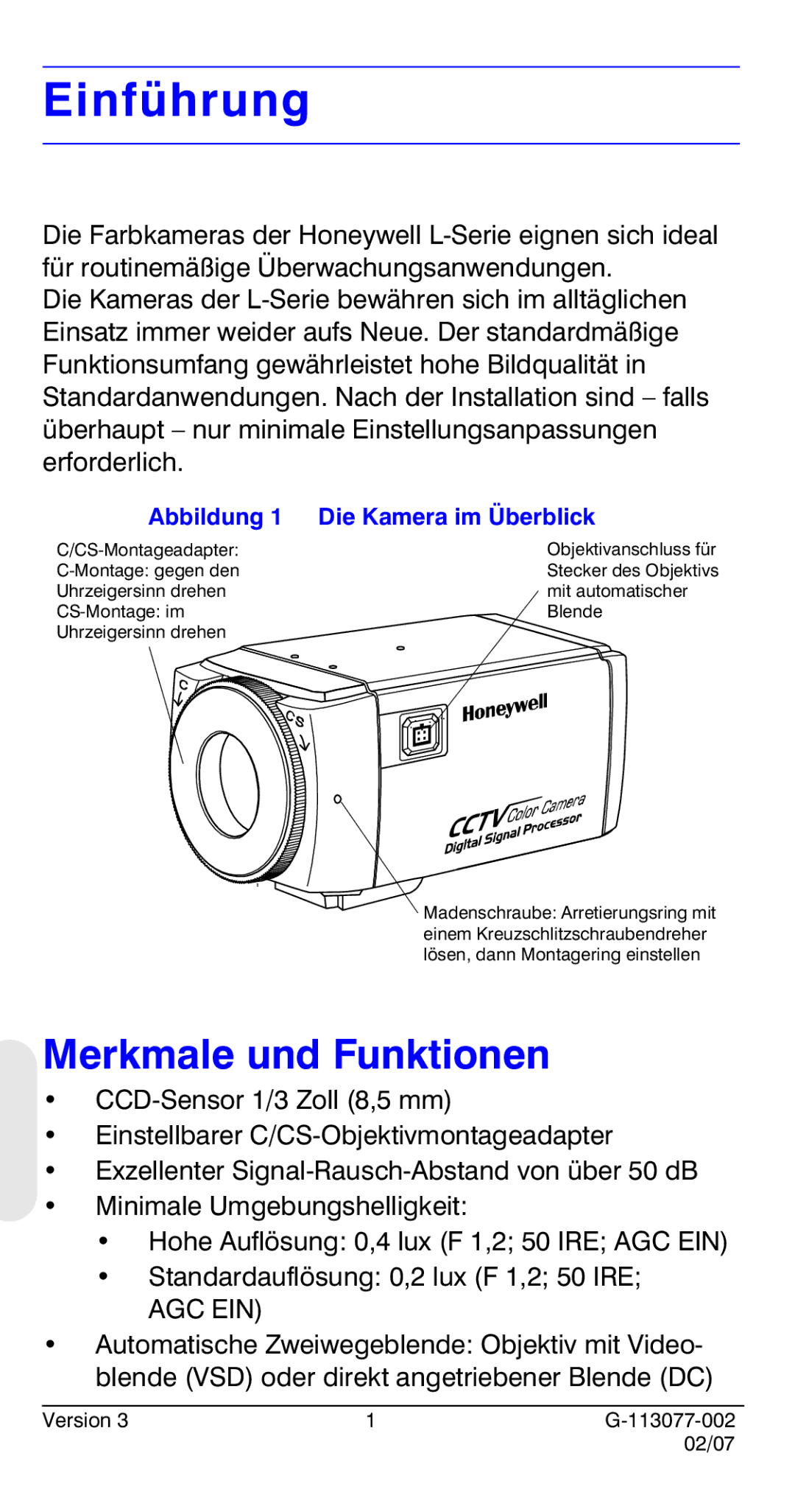 Honeywell HCC334L manual Einführung, Merkmale und Funktionen, Abbildung 1 Die Kamera im Überblick 