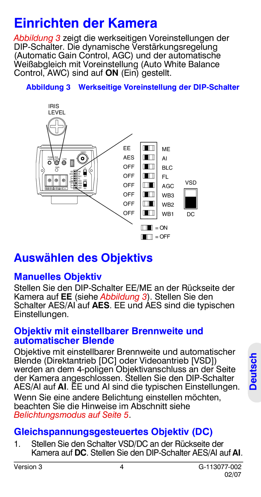 Honeywell HCC334L manual Einrichten der Kamera, Auswählen des Objektivs, Manuelles Objektiv 