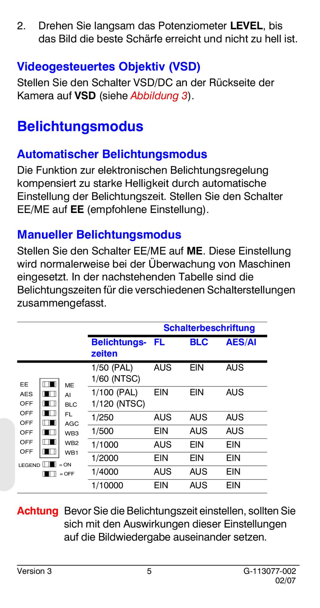 Honeywell HCC334L manual Videogesteuertes Objektiv VSD, Automatischer Belichtungsmodus, Manueller Belichtungsmodus 