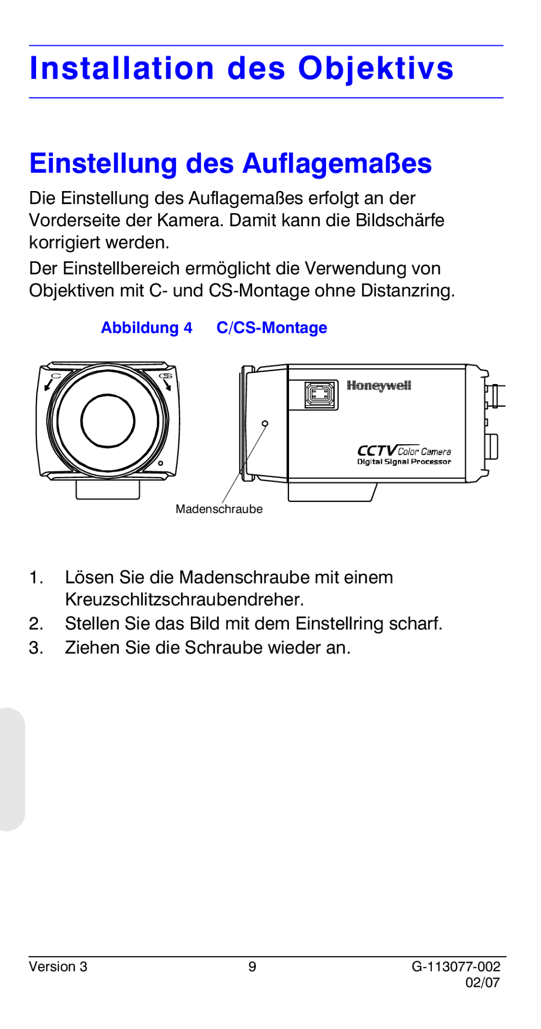 Honeywell HCC334L manual Installation des Objektivs, Einstellung des Auflagemaßes, Abbildung 4 C/CS-Montage 