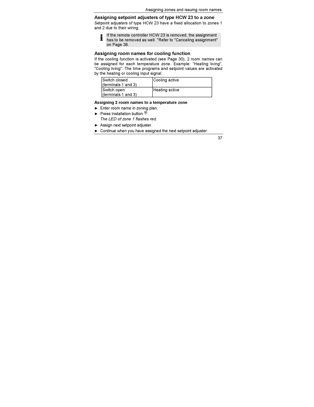 Honeywell HCE 60 manual Assigning setpoint adjusters of type HCW 23 to a zone, Assigning room names for cooling function 