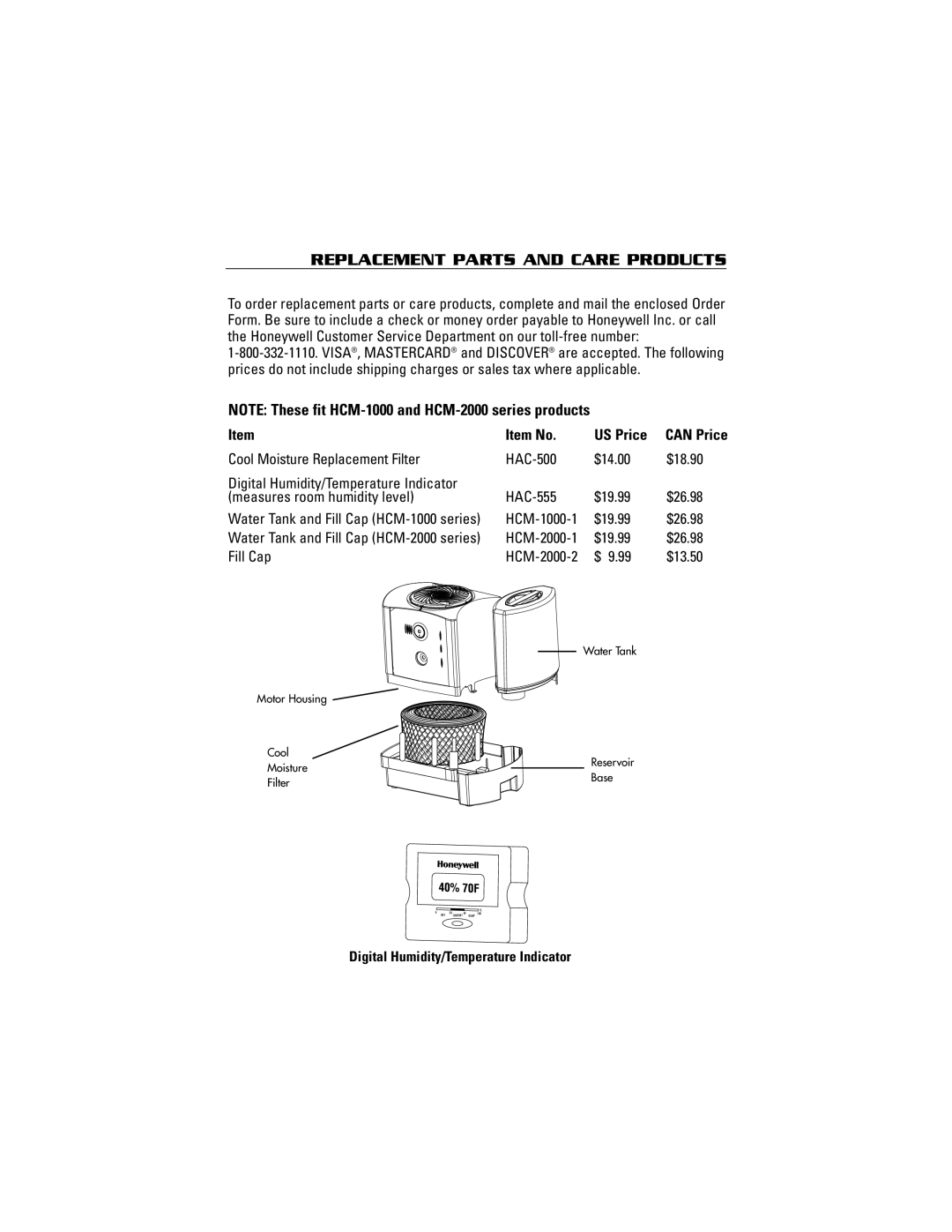 Honeywell HCM-2000 owner manual Replacement Parts and Care Products, Item No 