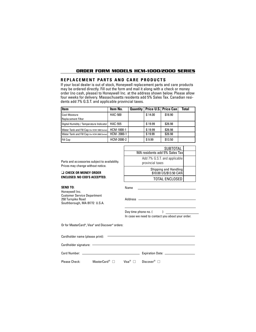 Honeywell HCM-2000 owner manual ORDER FORM MODELS HCM-1000/2000SERIES, Subtotal, Total Enclosed, Item No 