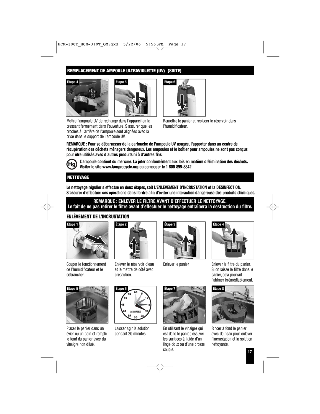 Honeywell HCM-300T, HCM-315T Enlèvement DE L’INCRUSTATION, Remplacement DE Ampoule Ultraviolette UV Suite, Nettoyage 