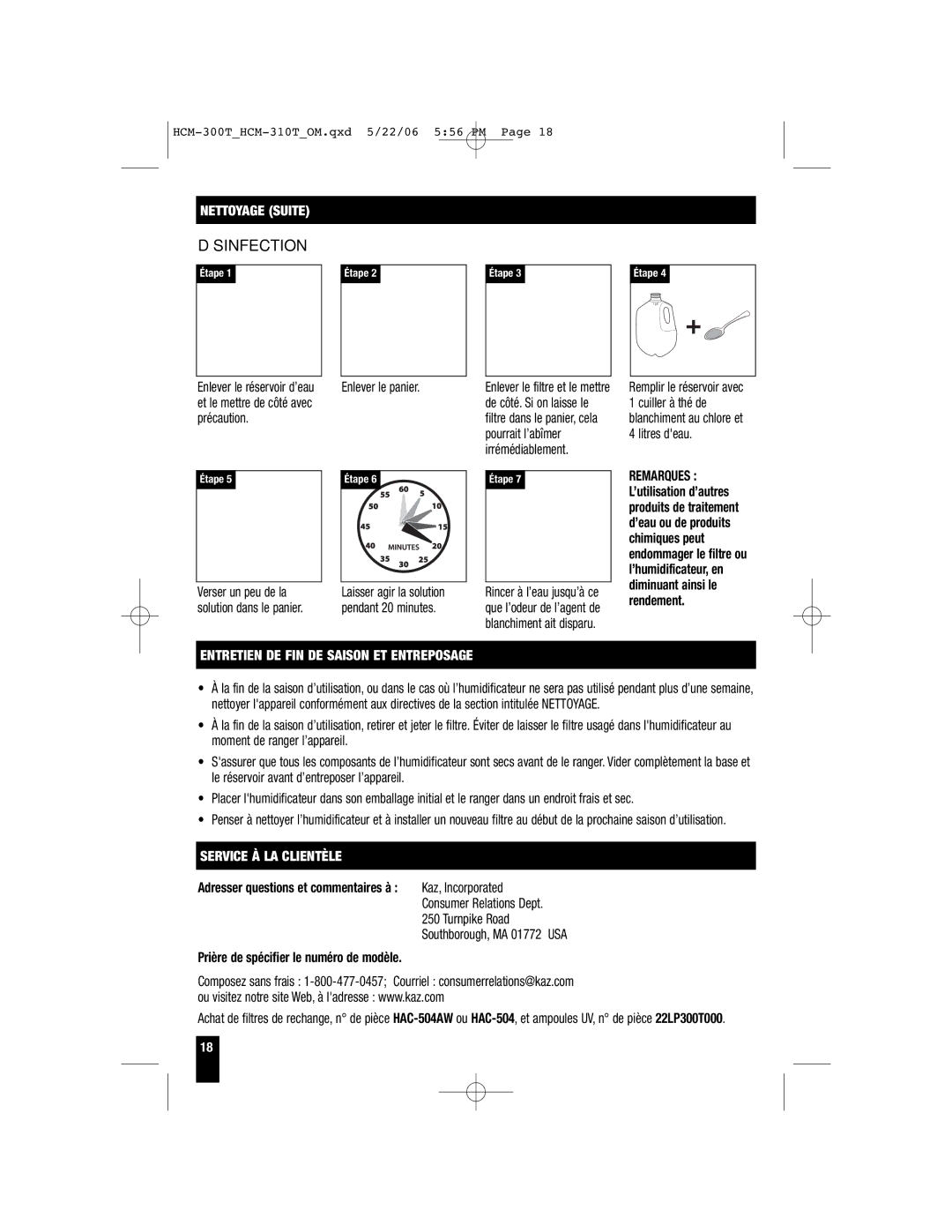 Honeywell HCM-315T Désinfection, Nettoyage Suite, Entretien DE FIN DE Saison ET Entreposage, Service À LA Clientèle 