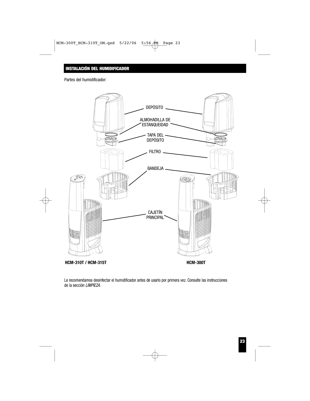 Honeywell HCM-300T, HCM-315T, HCM-310T important safety instructions Instalación DEL Humidificador, Partes del humidificador 