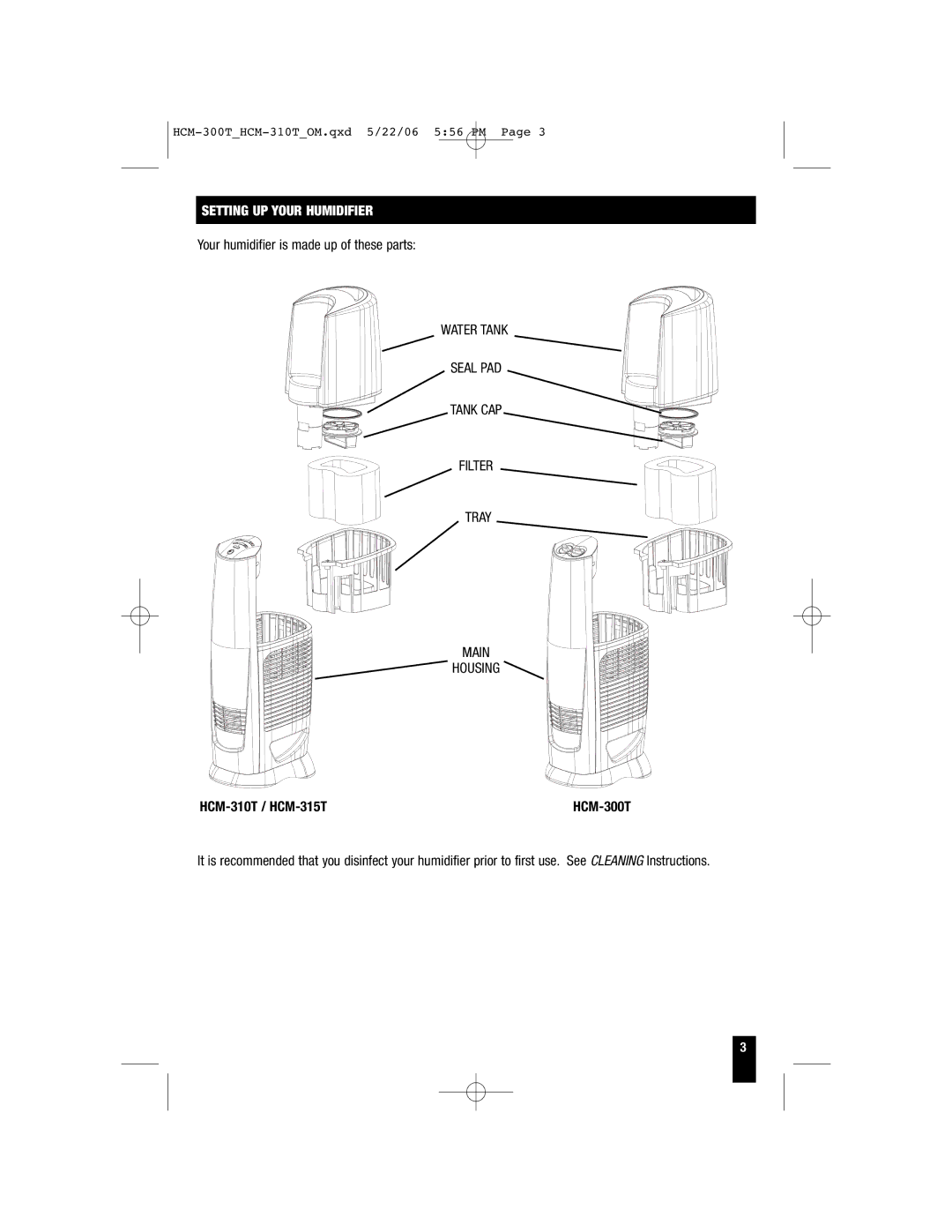 Honeywell HCM-300T Setting UP Your Humidifier, Your humidifier is made up of these parts, HCM-310T / HCM-315T 