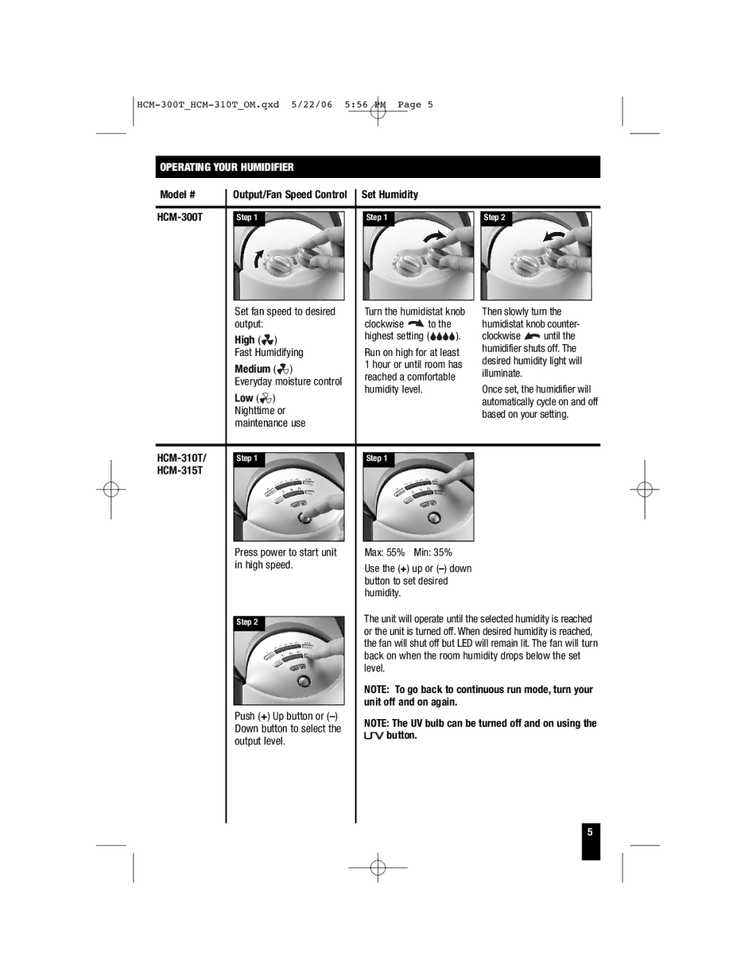 Honeywell HCM-315T, HCM-310T important safety instructions Operating Your Humidifier, Model #, Set Humidity HCM-300T 