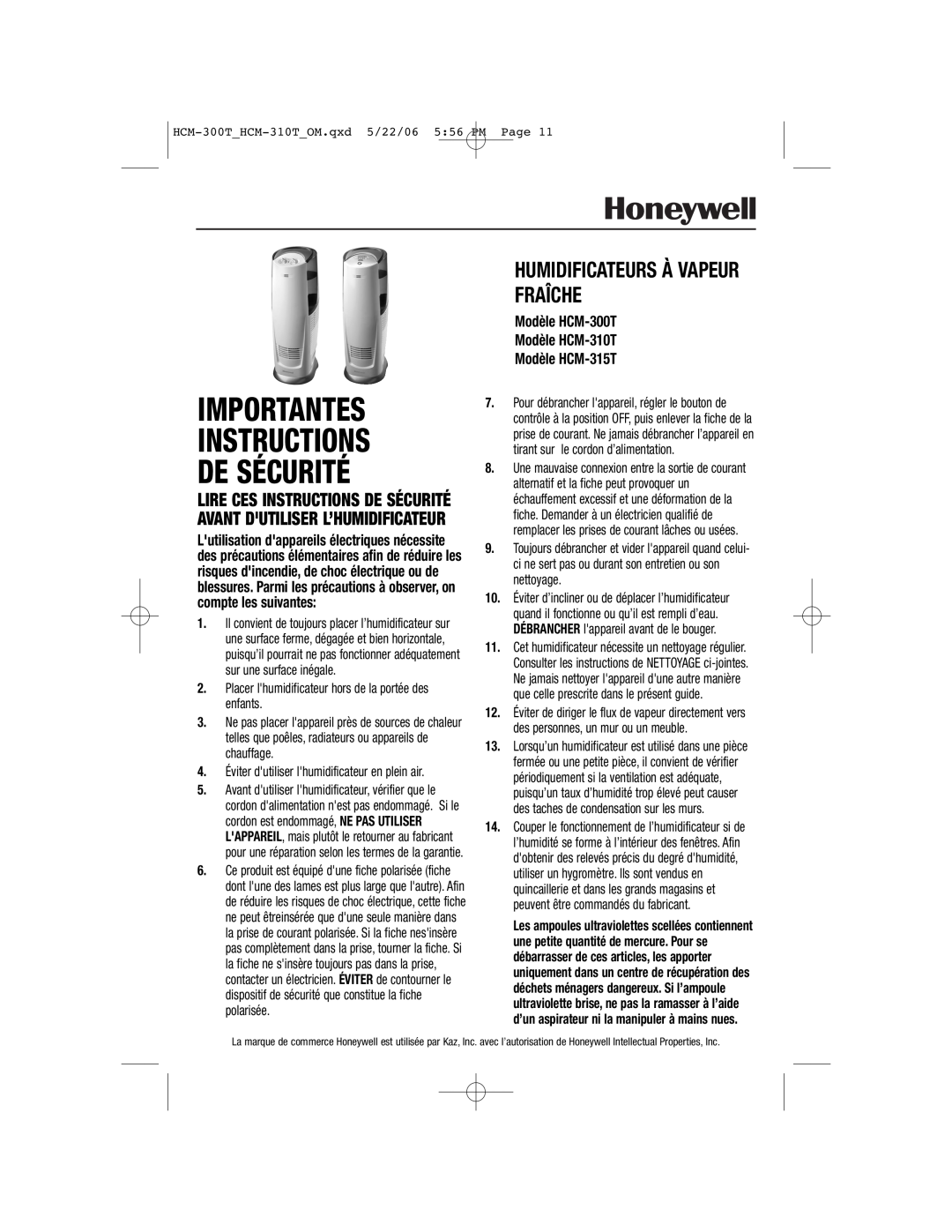 Honeywell HCM-300T, HCM-315T, HCM-310T Importantes Instructions De Sécurité, Humidificateurs À Vapeur Fraîche 