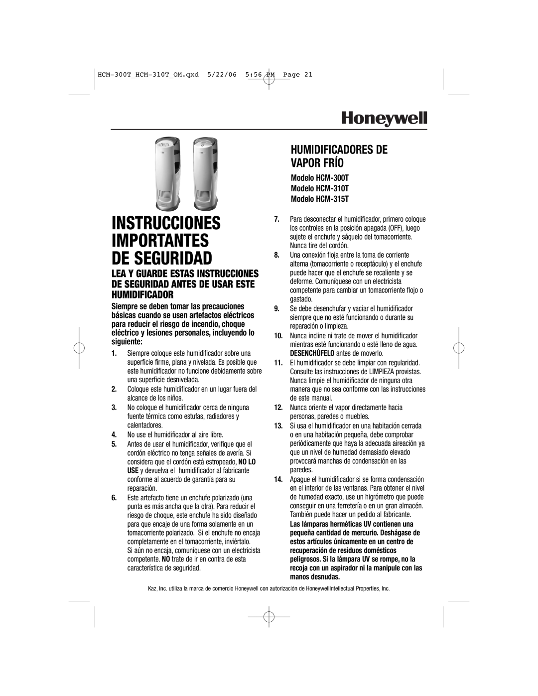 Honeywell HCM-315T, HCM-310T, HCM-300T Instrucciones Importantes De Seguridad, Humidificadores De Vapor Frío 
