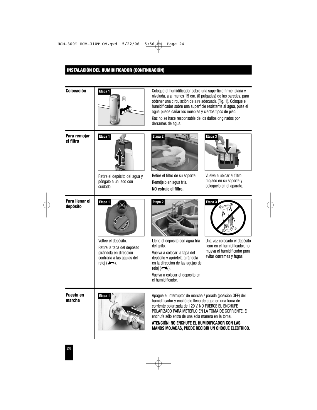 Honeywell HCM-315T, HCM-310T, HCM-300T important safety instructions Instalación Del Humidificador Continuación 