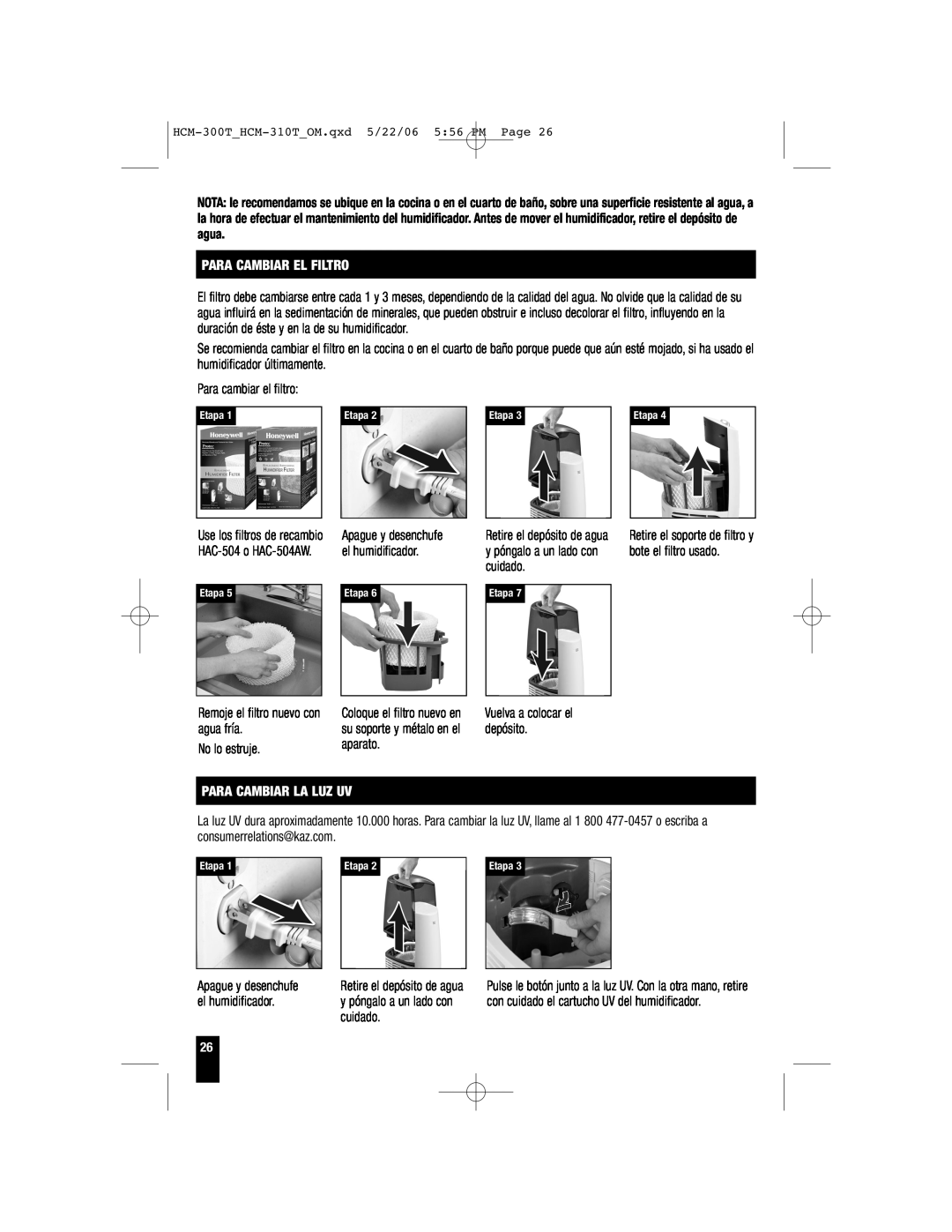 Honeywell HCM-300T, HCM-315T, HCM-310T important safety instructions Para Cambiar El Filtro, Para Cambiar La Luz Uv 