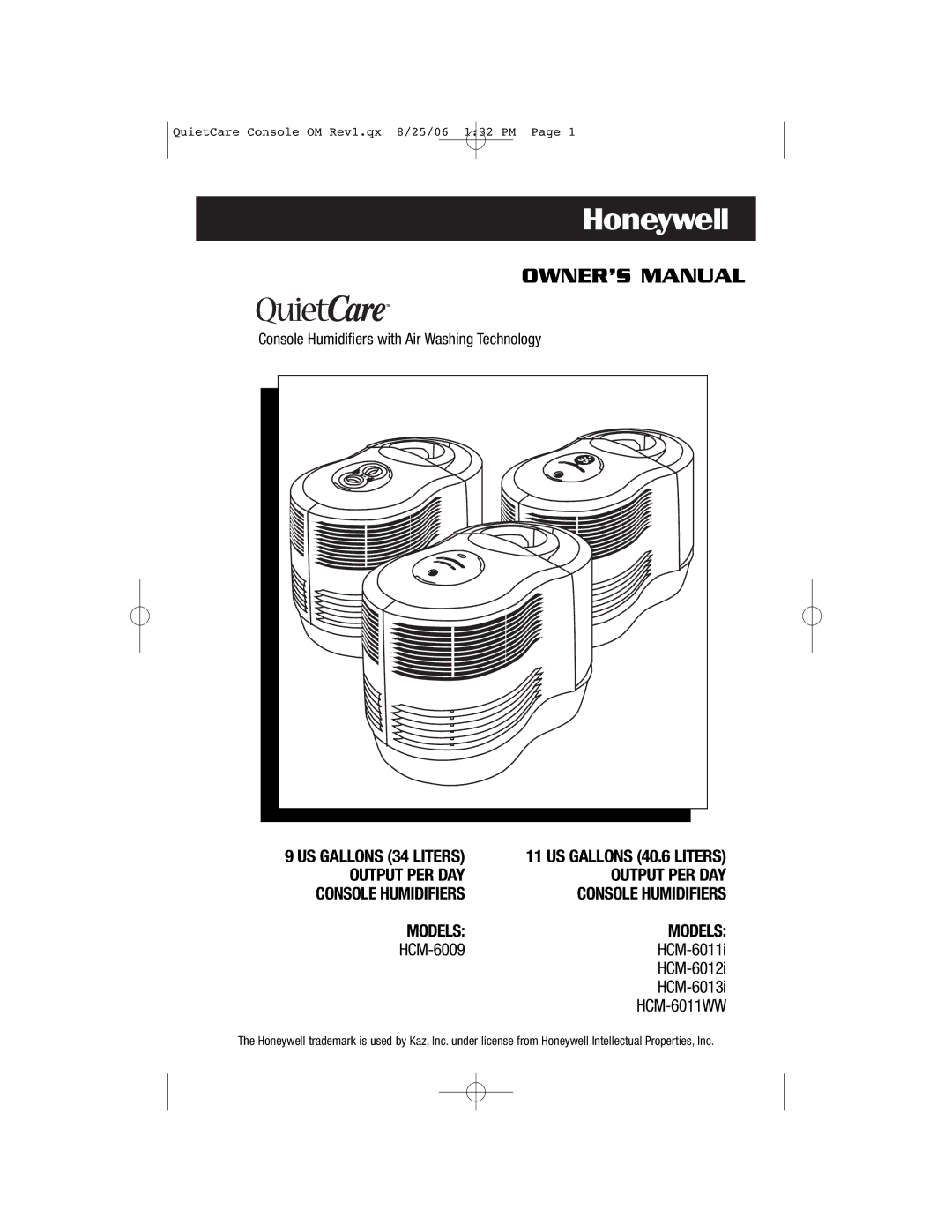 Honeywell HCM-6009 owner manual Console Humidifiers, US Gallons 34 Liters US Gallons 40.6 Liters 