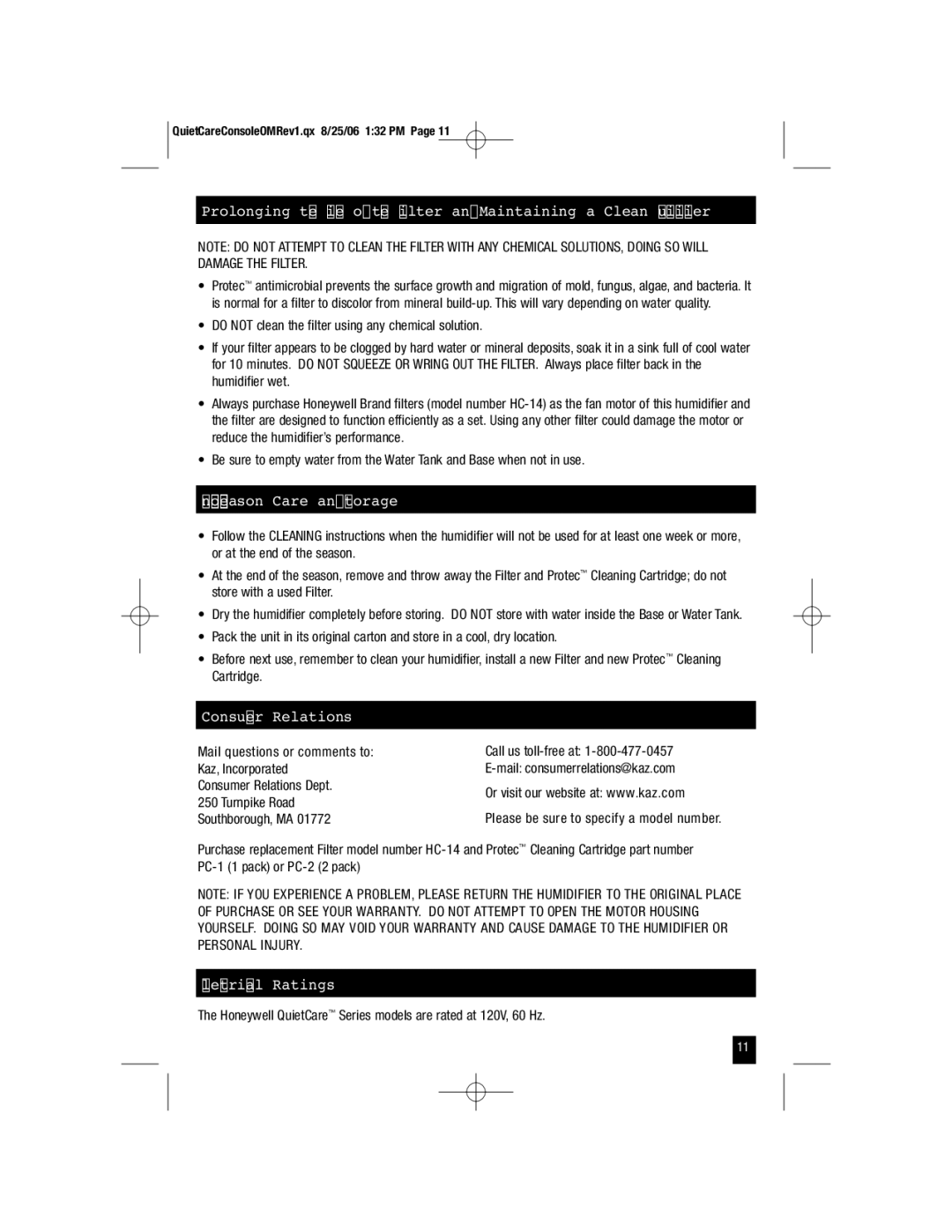 Honeywell HCM-6009 owner manual End-of-Season Care and Storage, Consumer Relations, Electrical Ratings 