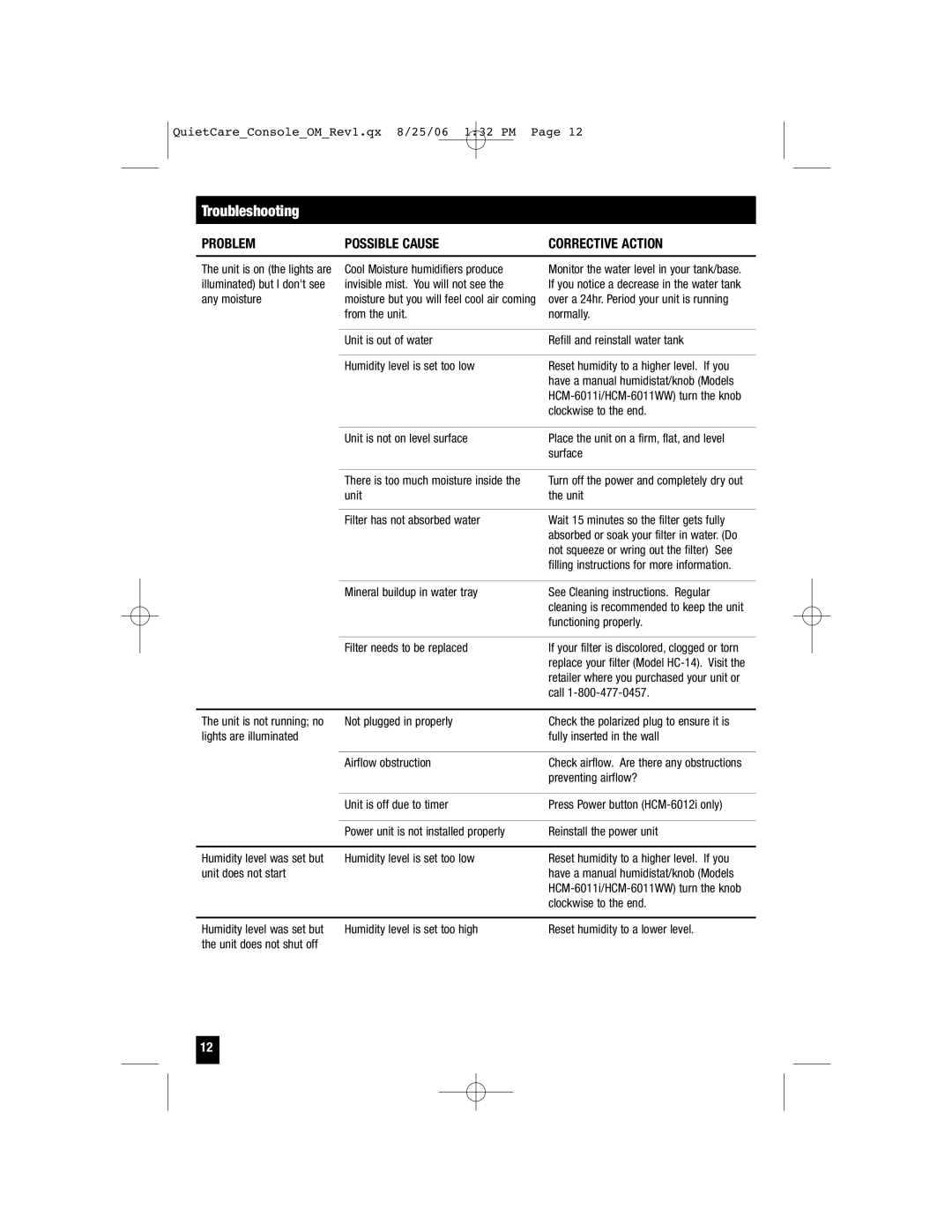 Honeywell HCM-6009 owner manual Troubleshooting, Problem Possible Cause Corrective Action 