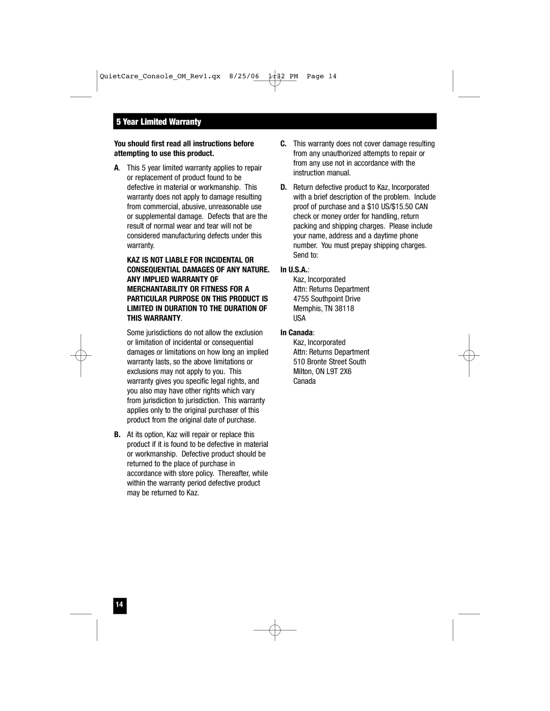 Honeywell HCM-6009 owner manual Year Limited Warranty, U.S.A, Canada 