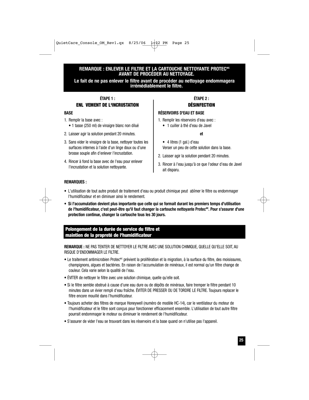 Honeywell HCM-6009 owner manual Remplir la base avec, Remarques Étape, Réservoirs Deau ET Base 