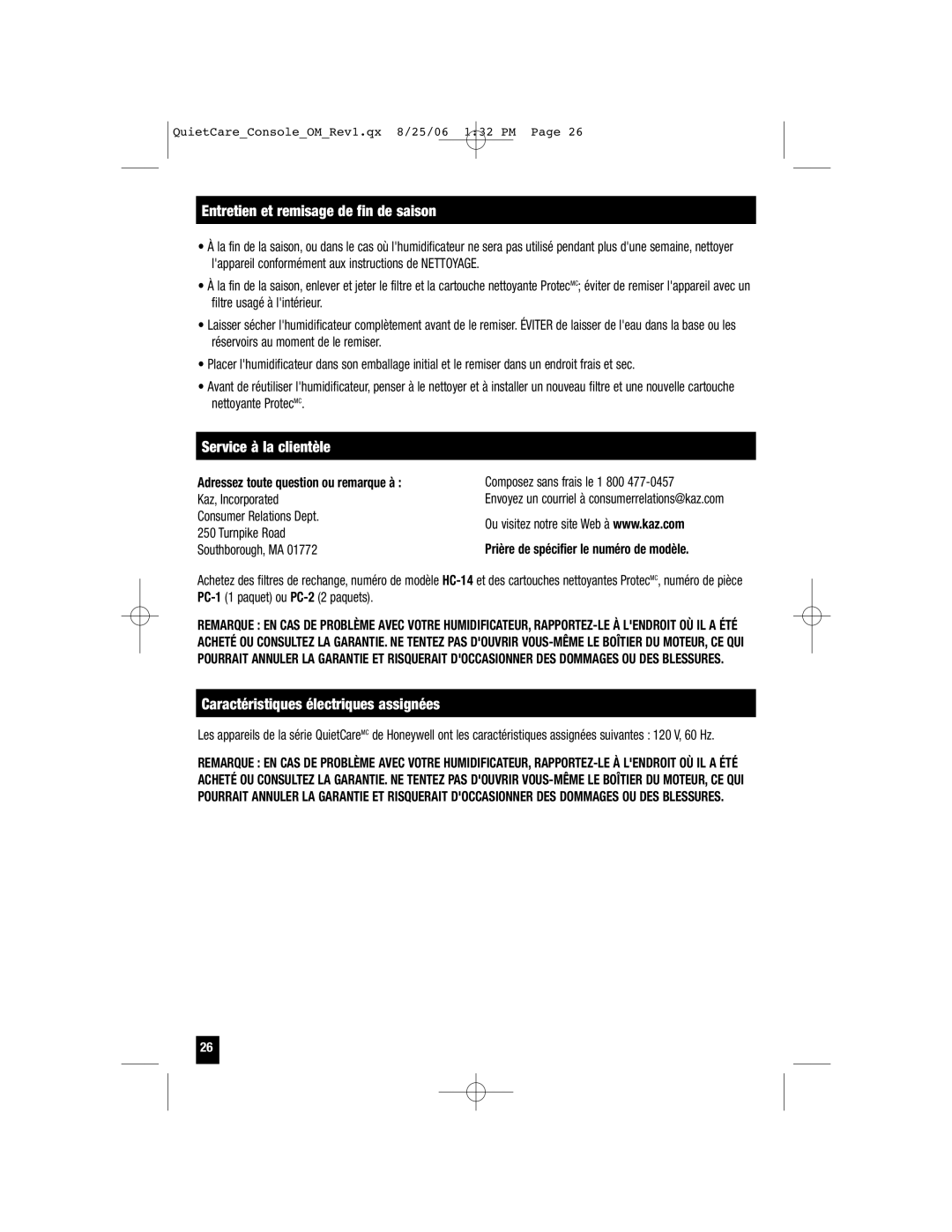 Honeywell HCM-6009 Entretien et remisage de fin de saison, Service à la clientèle, Caractéristiques électriques assignées 