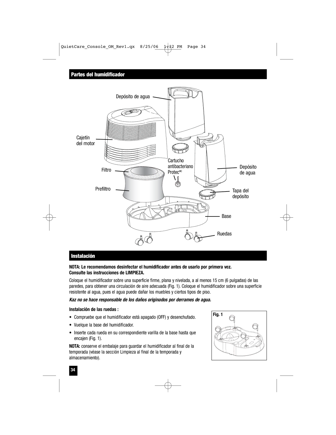 Honeywell HCM-6009 owner manual Partes del humidificador, Instalación de las ruedas, Cajetín del motor, De agua 