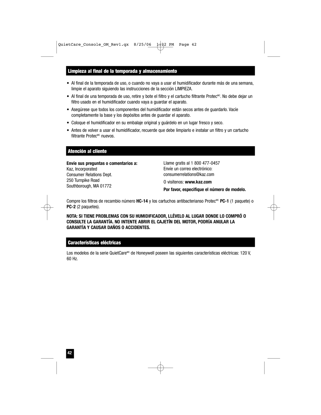 Honeywell HCM-6009 Limpieza al final de la temporada y almacenamiento, Atención al cliente, Características eléctricas 