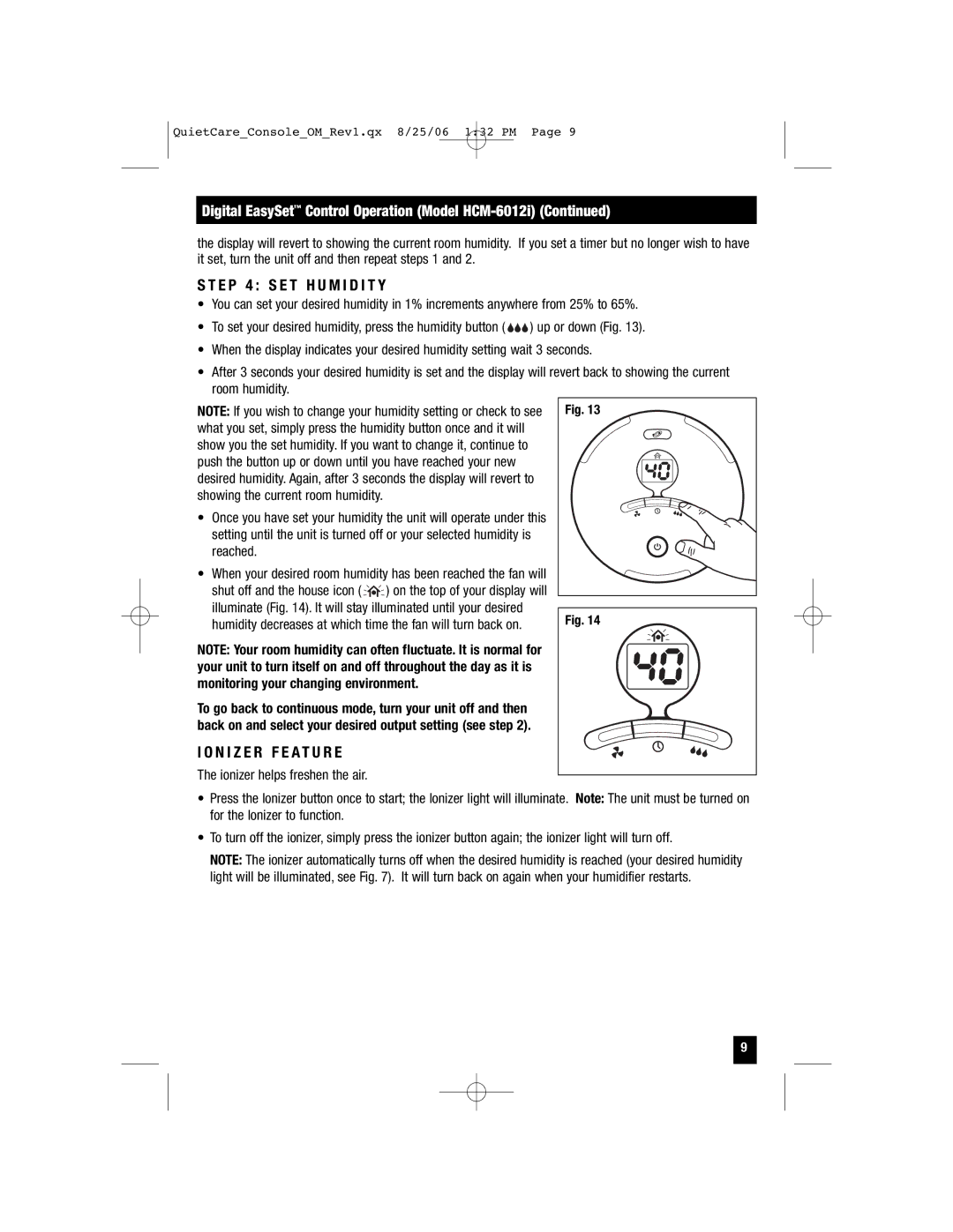 Honeywell HCM-6009 owner manual Digital EasySet Control Operation Model HCM-6012i, E P 4 S E T H U M I D I T Y 