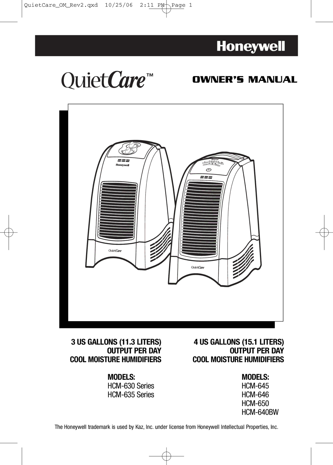 Honeywell HCM-630 Series, HCM-635 Series owner manual Models, US Gallons 11.3 Liters US Gallons 15.1 Liters 