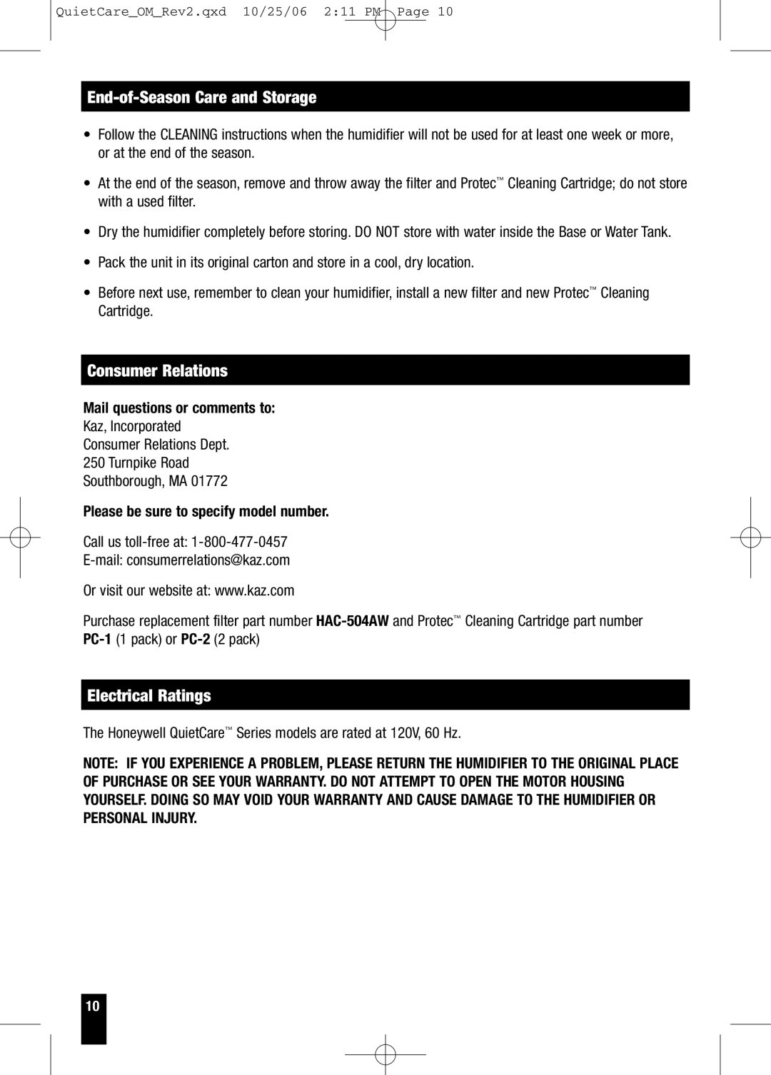 Honeywell HCM-635 Series, HCM-630 Series owner manual End-of-Season Care and Storage, Consumer Relations, Electrical Ratings 