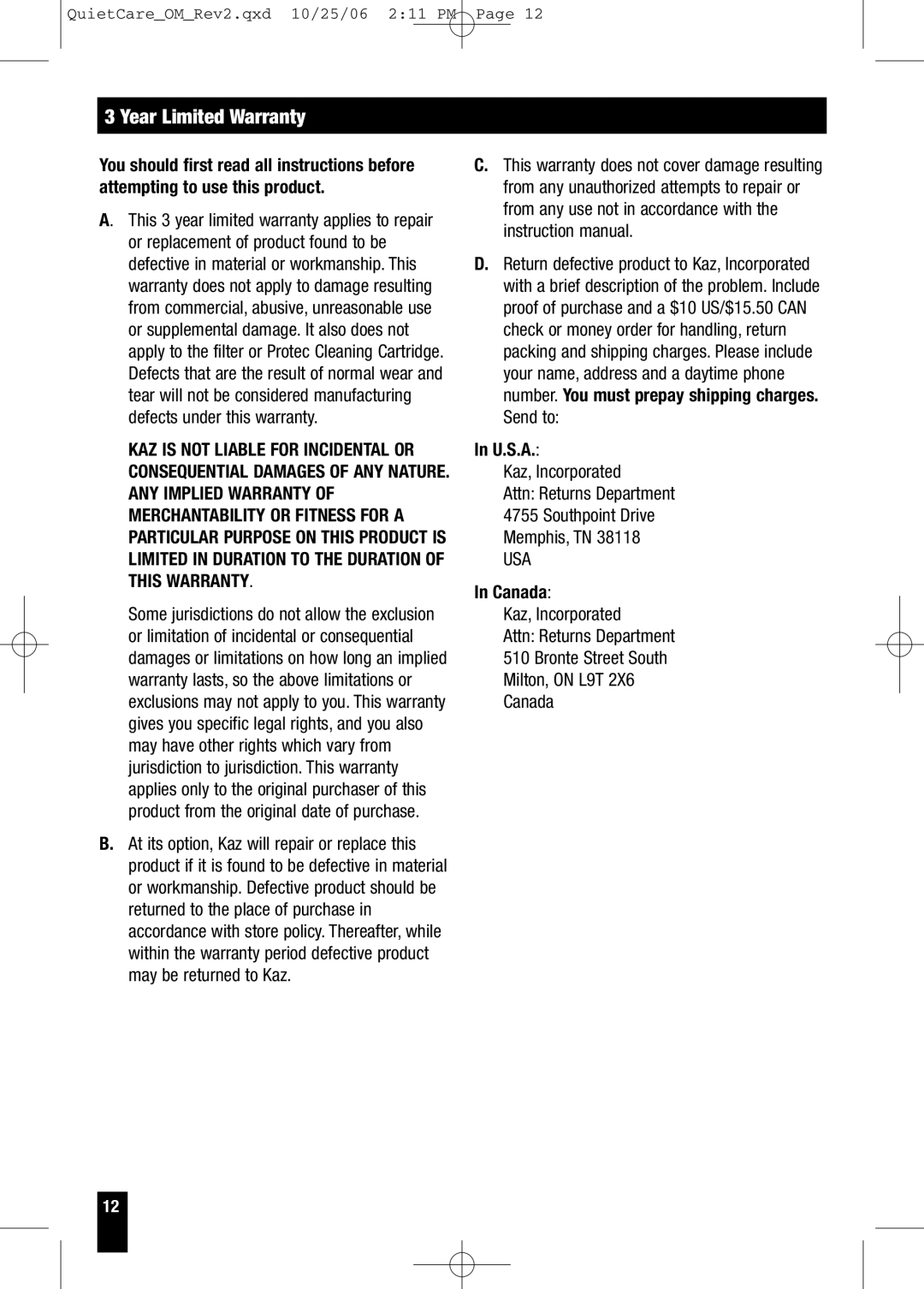 Honeywell HCM-635 Series, HCM-630 Series owner manual Year Limited Warranty, U.S.A, Canada 