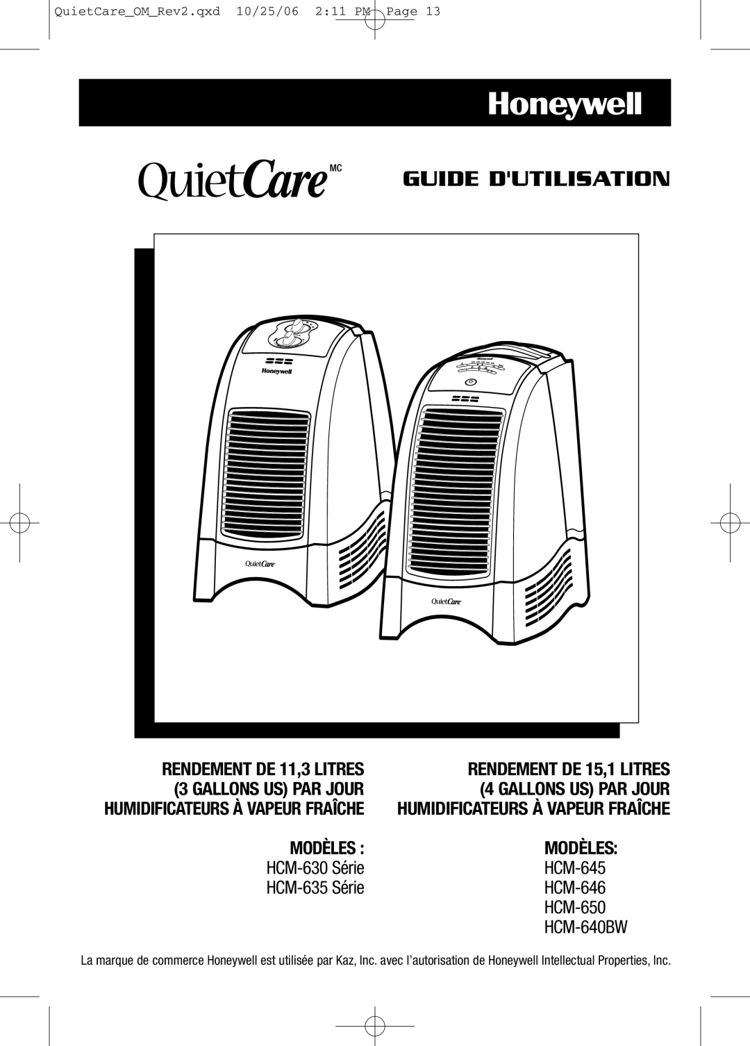 Honeywell HCM-630 Series, HCM-635 Series Rendement DE 11,3 Litres, Gallons US PAR Jour Humidificateurs À Vapeur Fraîche 