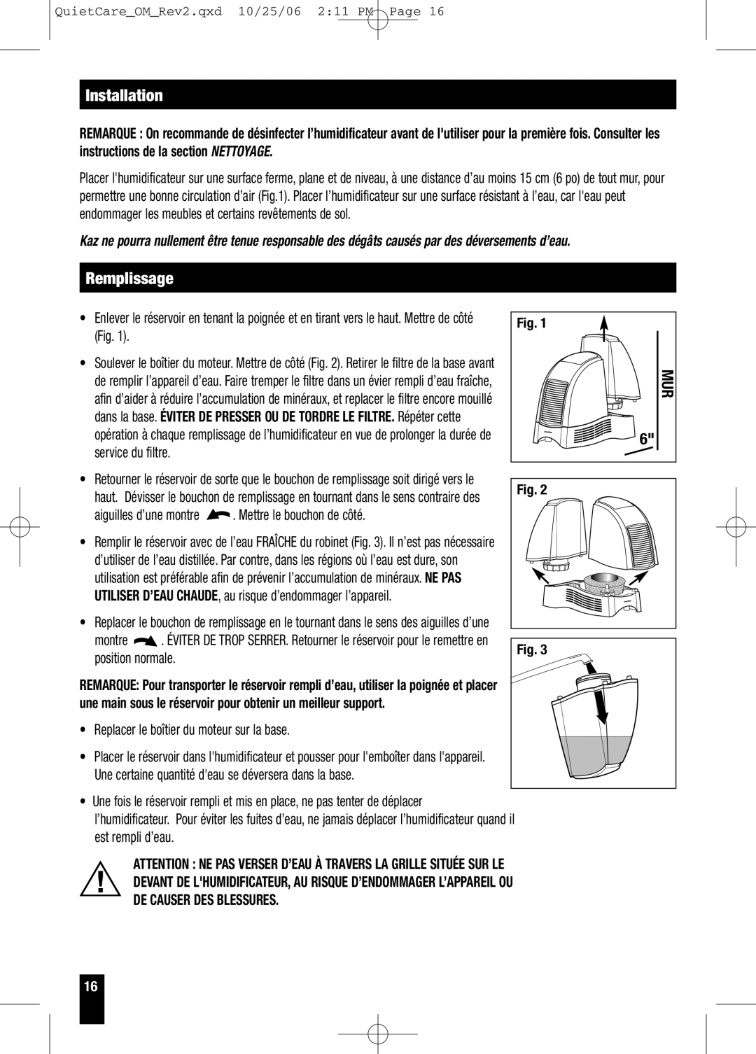 Honeywell HCM-635 Series, HCM-630 Series owner manual Installation, Remplissage, Mur 