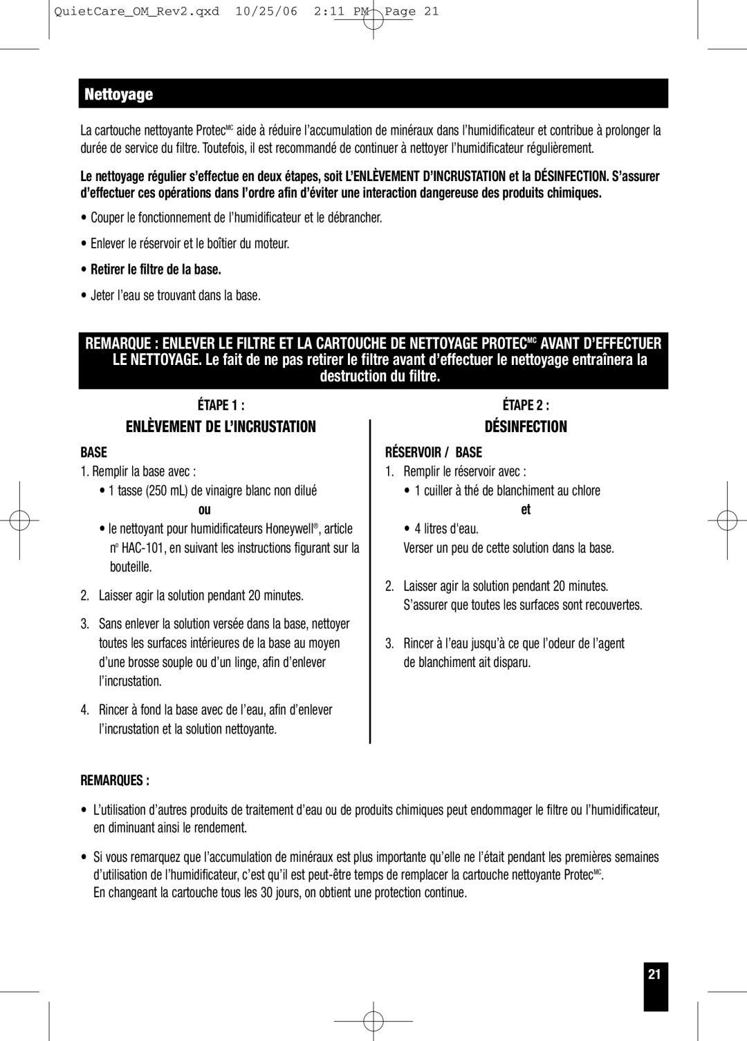 Honeywell HCM-630 Series, HCM-635 Series Nettoyage, Retirer le filtre de la base, Étape, Réservoir / Base, Remarques 