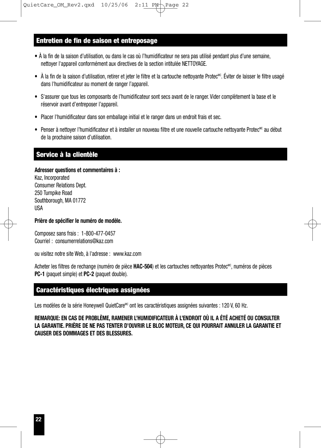 Honeywell HCM-635 Series, HCM-630 Series owner manual Entretien de fin de saison et entreposage, Service à la clientèle 